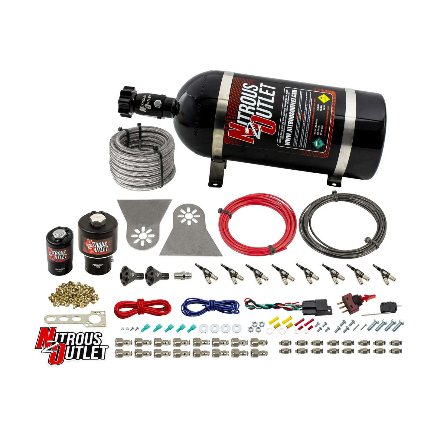 Nitrous Outlet 8 Cylinder Direct Port System - .178 Trashcan Nitrous Solenoids/.310 Fuel Solenoids/Nylon Hose/Showerhead Distribution Blocks/90 Degree Discharge Nozzles (Gas)(45-55 psi)(100-600HP)(10lb Bottle)