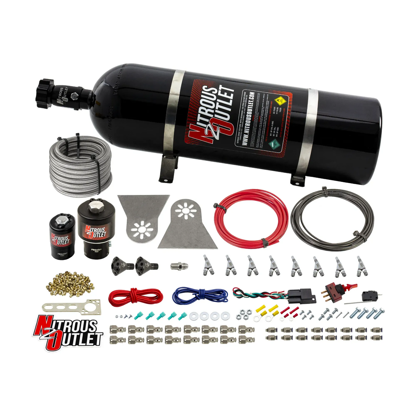 Nitrous Outlet 8 Cylinder Direct Port System - .178 Trashcan Nitrous Solenoids/.310 Fuel Solenoids/Nylon Hose/Showerhead Distribution Blocks/Annular Discharge Nozzles (Gas)(45-55 psi)(100-600HP)(15lb Bottle)