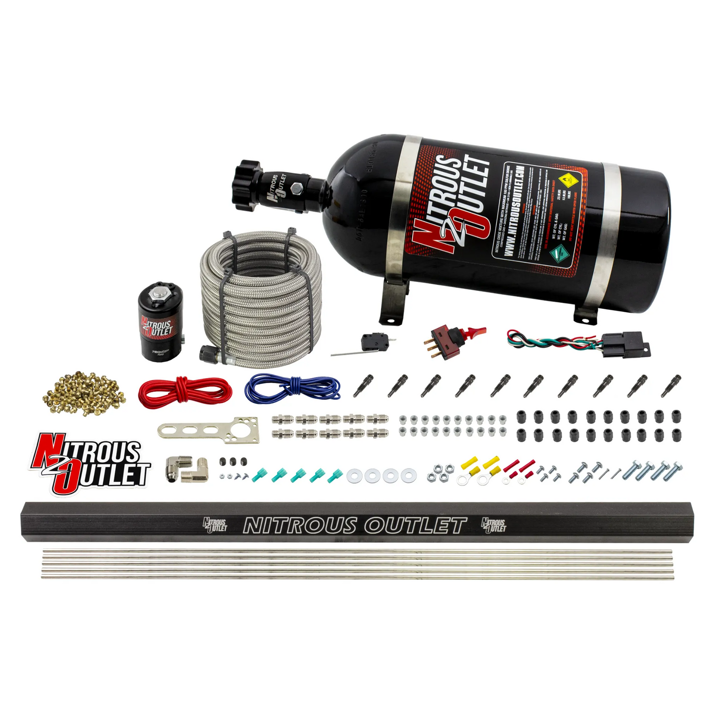 Nitrous Outlet Dry 10 Cylinder Direct Port System - .122 Nitrous Solenoid/Injection Rail/SBT Discharge Nozzles (125-375HP)(10lb Bottle)