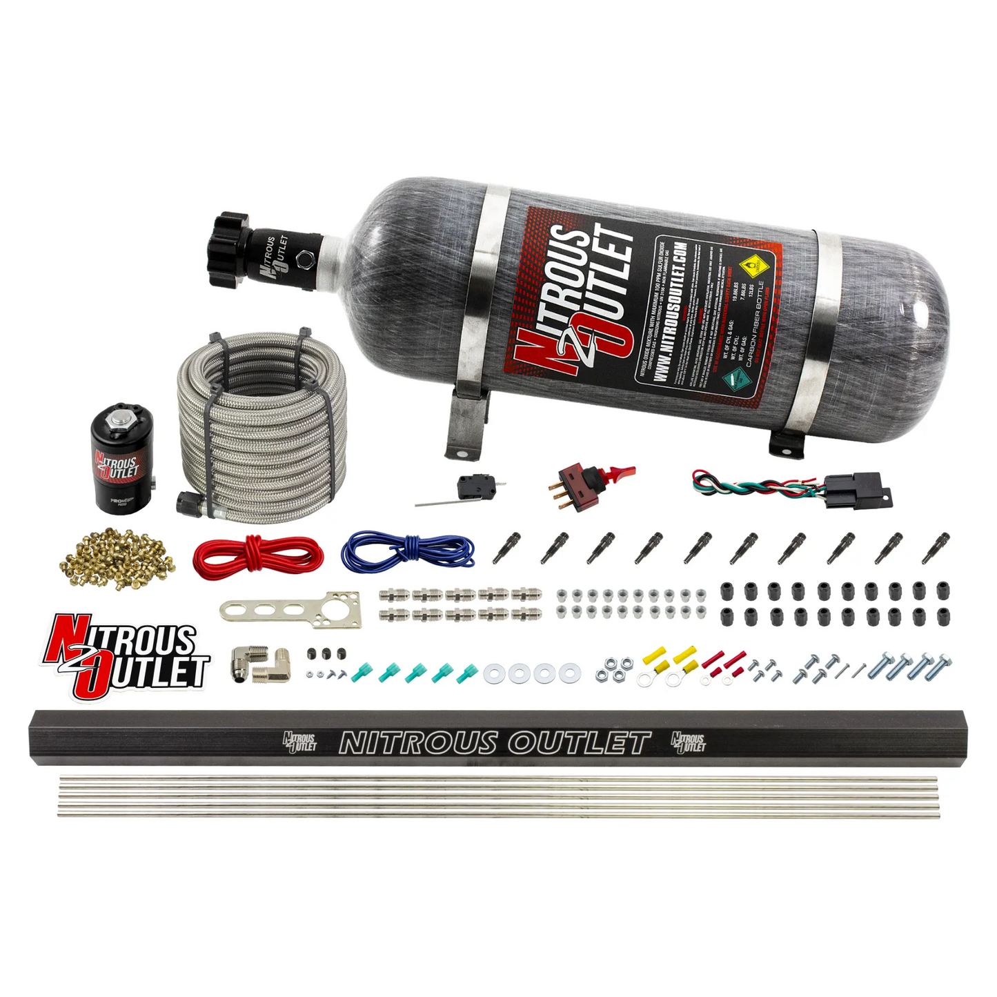 Nitrous Outlet Dry 10 Cylinder Direct Port System - .122 Nitrous Solenoid/Injection Rail/SBT Discharge Nozzles (125-375HP)(12lb Bottle)