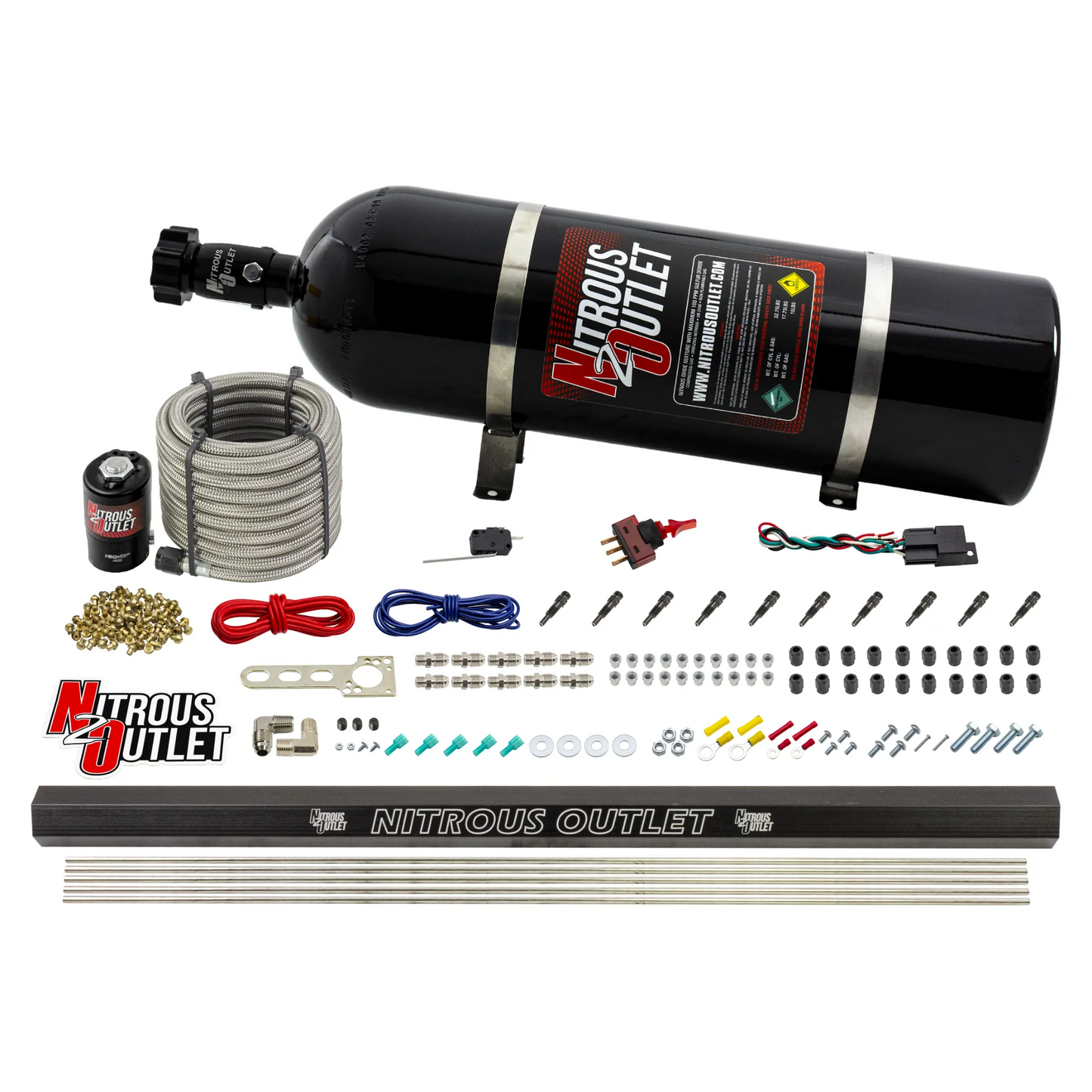 Nitrous Outlet Dry 10 Cylinder Direct Port System - .122 Nitrous Solenoid/Injection Rail/SBT Discharge Nozzles (125-375HP)(15lb Bottle)