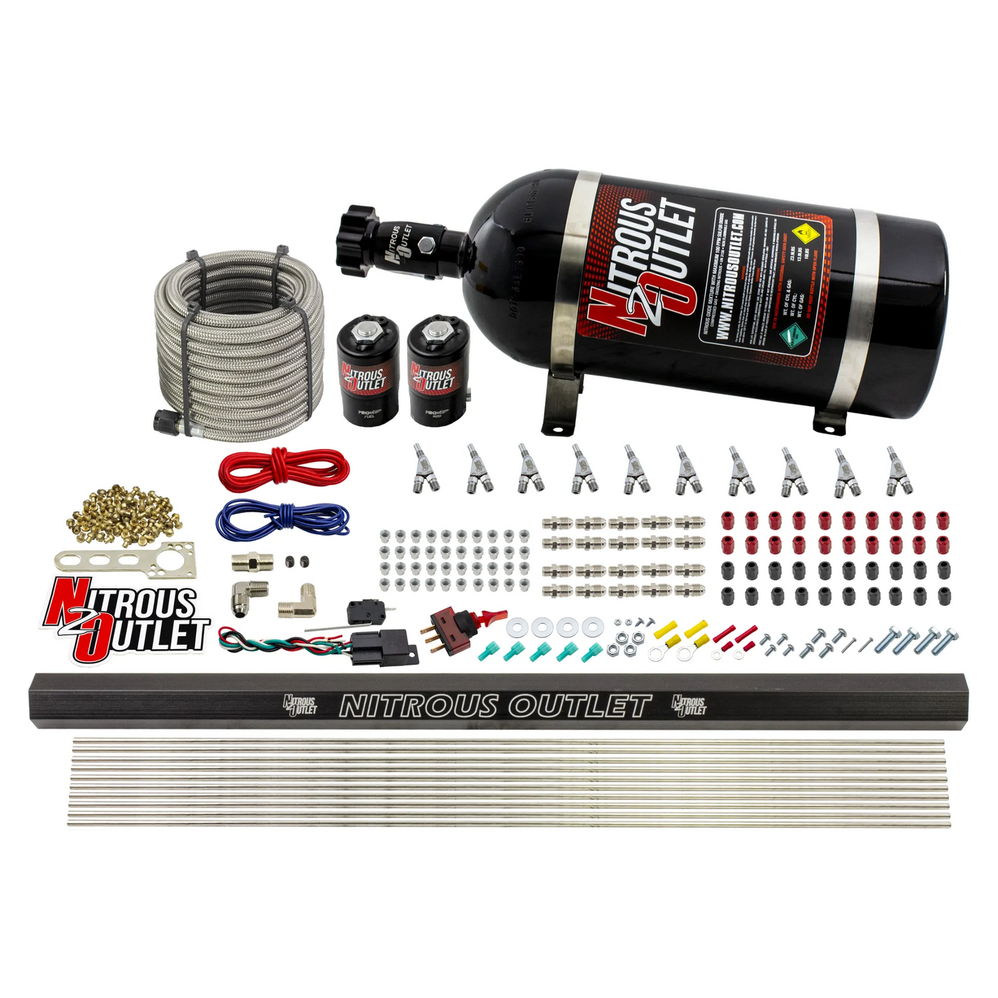 Nitrous Outlet 10 Cylinder Direct Port System - .122 Nitrous Solenoid/.310 Fuel Solenoid/Dual Passage Injection Rail/Annular Discharge Nozzles (Alcohol)(5-7-10 psi)(125-375HP)(10lb Bottle)