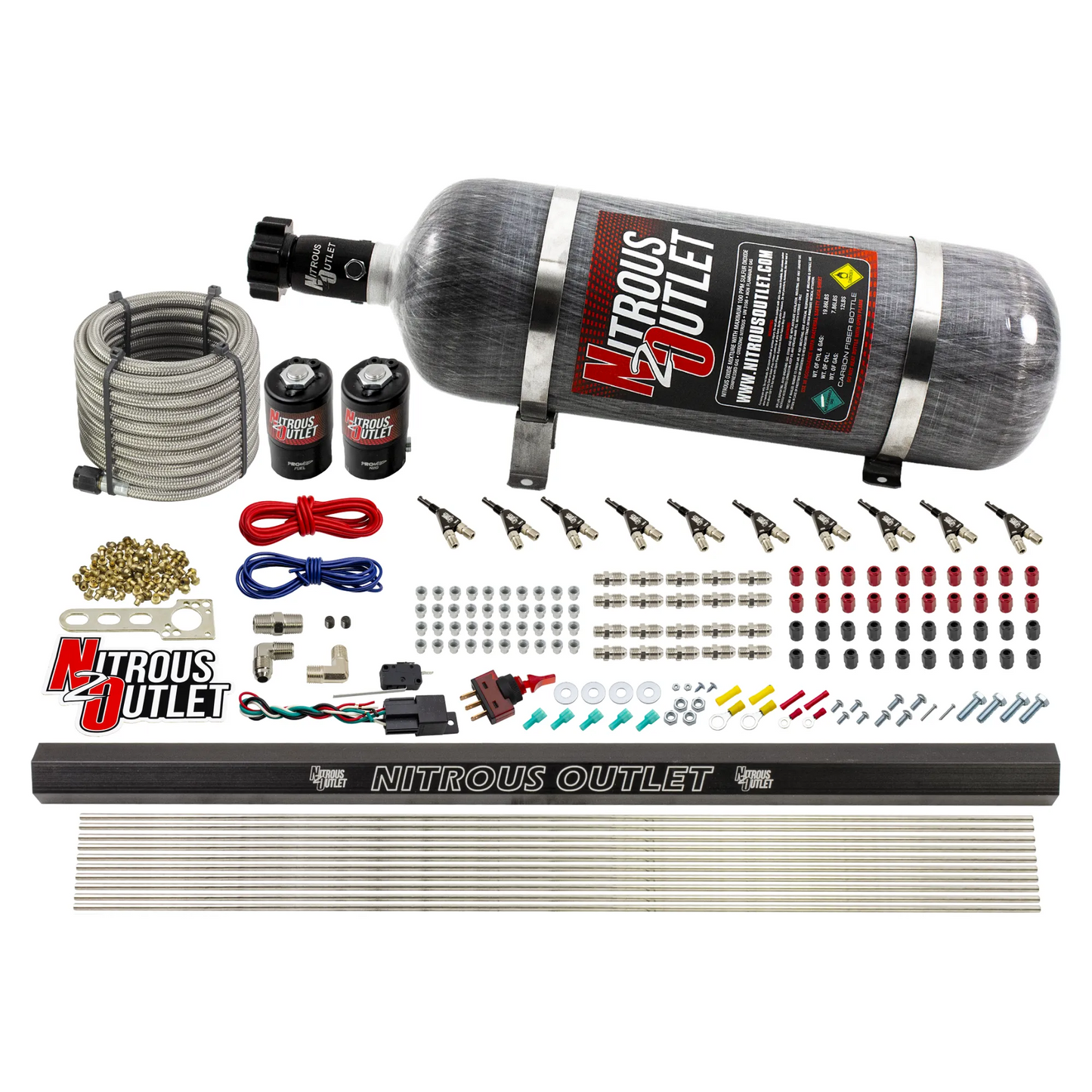 Nitrous Outlet 10 Cylinder Direct Port System - .122 Nitrous Solenoid/.310 Fuel Solenoid/Dual Passage Injection Rail/90 Degree Discharge Nozzles (E85)(45-55 psi)(125-375HP)(12lb Bottle)