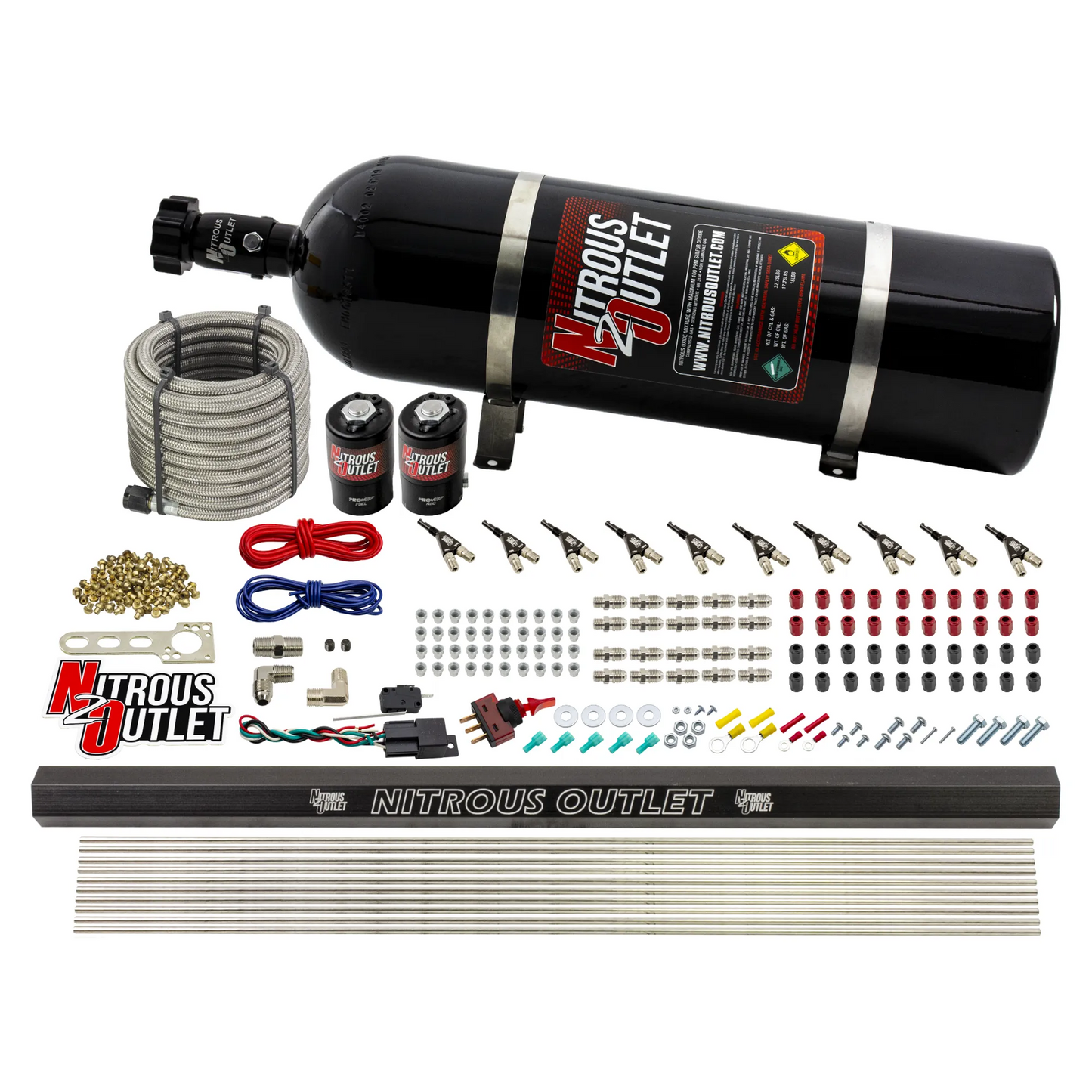 Nitrous Outlet 10 Cylinder Direct Port System - .122 Nitrous Solenoid/.310 Fuel Solenoid/Dual Passage Injection Rail/90 Degree Discharge Nozzles (E85)(45-55 psi)(125-375HP)(15lb Bottle)