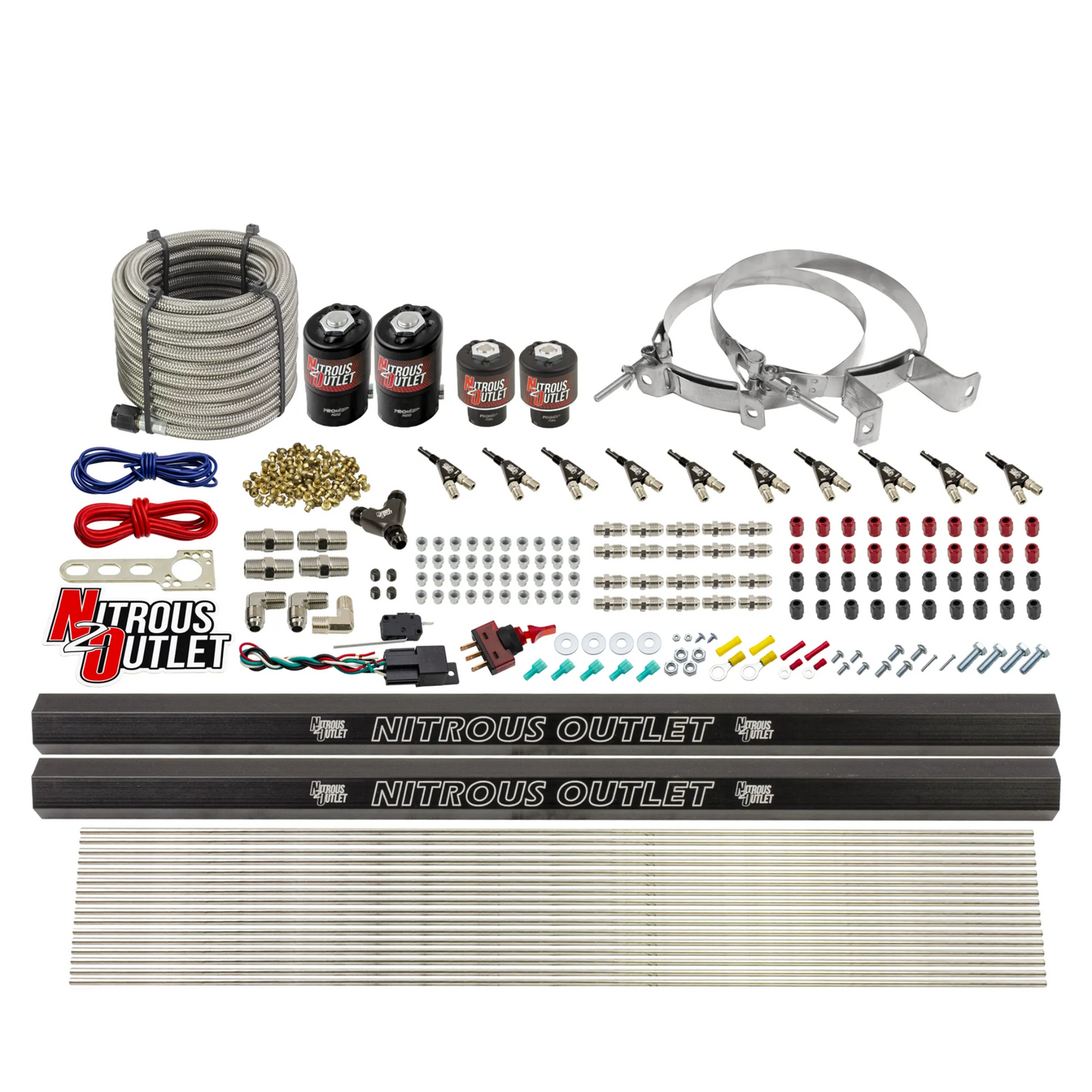 Nitrous Outlet 10 Cylinder Direct Port System - Two .122 Nitrous Solenoid/Two .310 Fuel Solenoid/Two Dual Passage Injection Rail/90 Degree Discharge Nozzles (Gas)(5-7-10 psi)(125-375HP)(No Bottle)