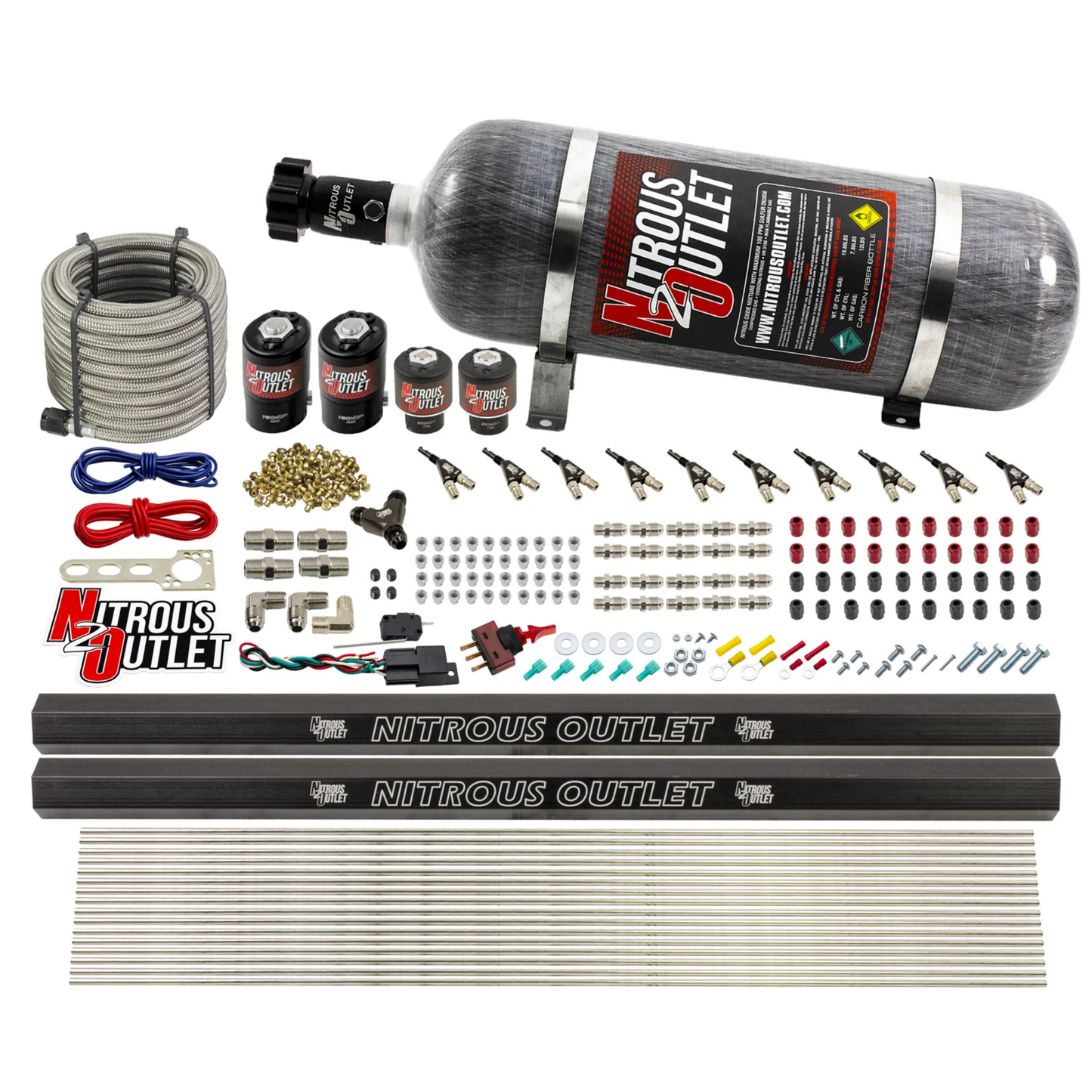 Nitrous Outlet 10 Cylinder Direct Port System - Two .122 Nitrous Solenoid/Two .310 Fuel Solenoid/Two Dual Passage Injection Rail/90 Degree Discharge Nozzles (Gas)(5-7-10 psi)(125-375HP)(12lb Bottle)