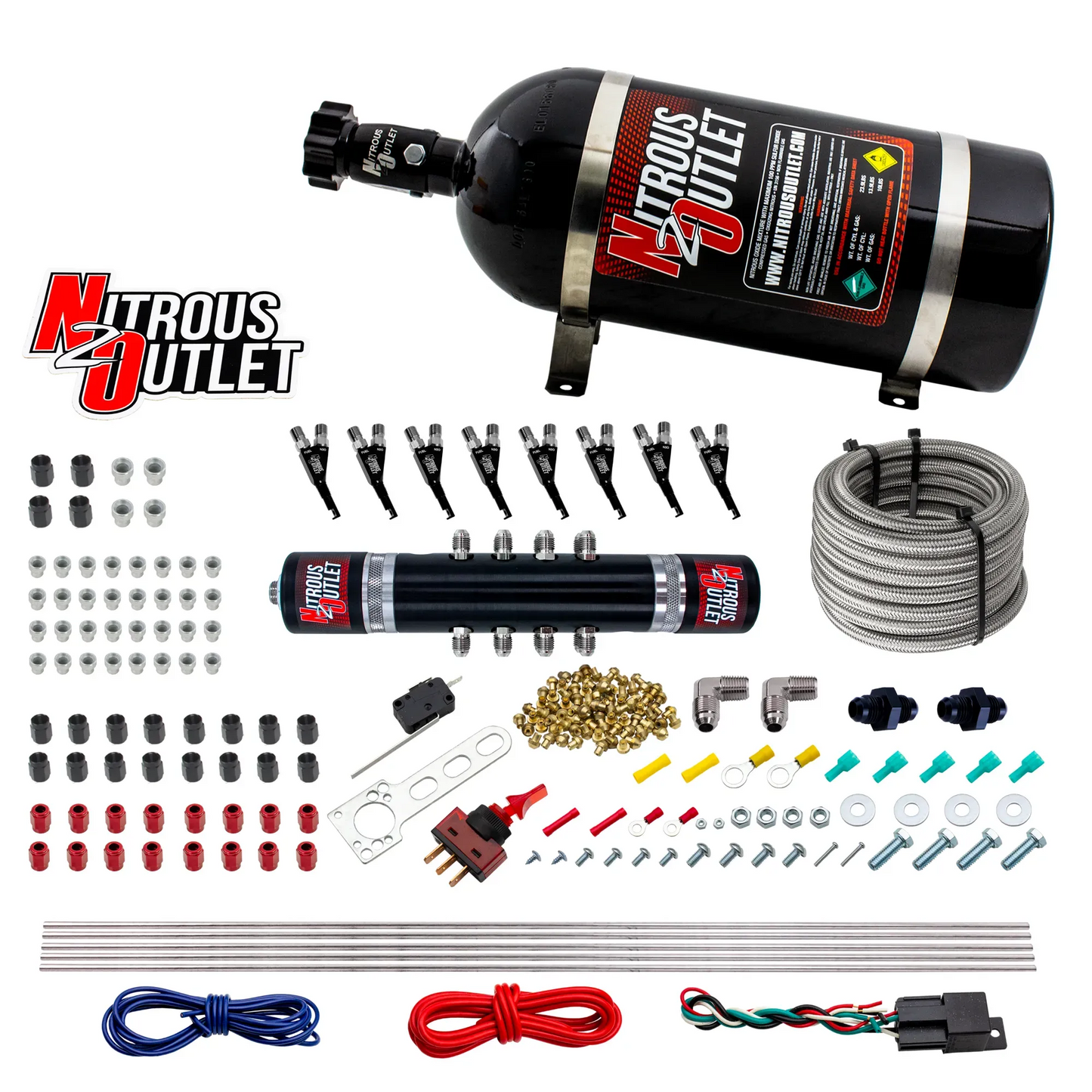 Nitrous Outlet 8 Cylinder 'Black Widow' Direct Port System - .122 Nitrous Solenoid/.310 Fuel Solenoid/Solenoid Distribution Block/90 Degree Discharge Nozzles (Gas)(45-55 psi)(100-400 HP)(10lb Bottle)