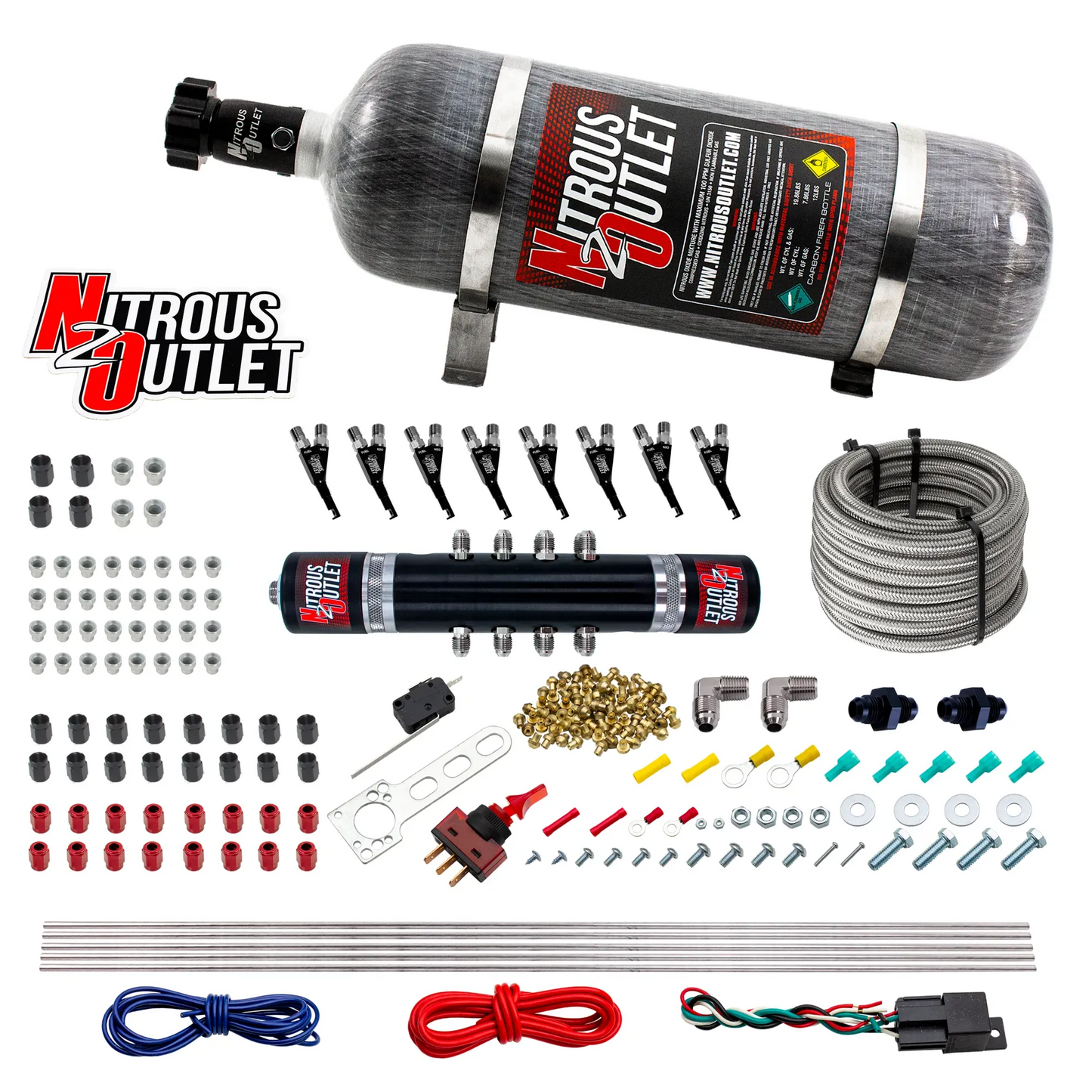 Nitrous Outlet 8 Cylinder 'Black Widow' Direct Port System - .122 Nitrous Solenoid/.310 Fuel Solenoid/Solenoid Distribution Block/90 Degree Discharge Nozzles (Gas)(45-55 psi)(100-400 HP)(12lb Bottle)