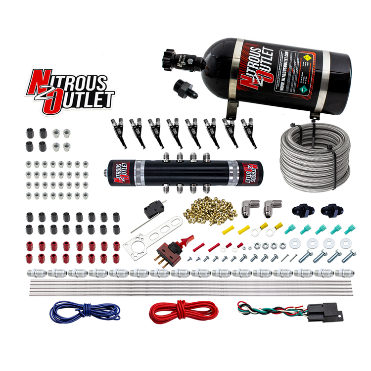 Nitrous Outlet 8 Cylinder 'Black Widow' Direct Port System - .122 Nitrous Solenoid/.310 Fuel Solenoid/Solenoid Distribution Block/90 Degree Discharge Nozzles - E85 (45-55 psi)(100-400 HP)(10lb Bottle)