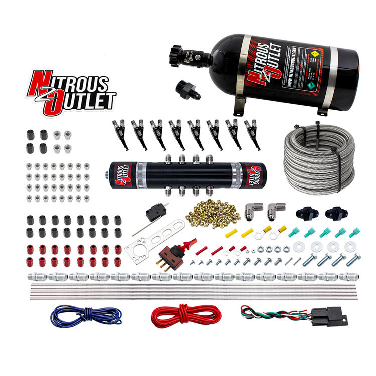 Nitrous Outlet 8 Cylinder 'Black Widow' Direct Port System - .122 Nitrous Solenoid/.310 Fuel Solenoid/Solenoid Distribution Block/90 Degree Discharge Nozzles (Gas)(5-7-10 psi)(100-400 HP)(10lb Bottle)