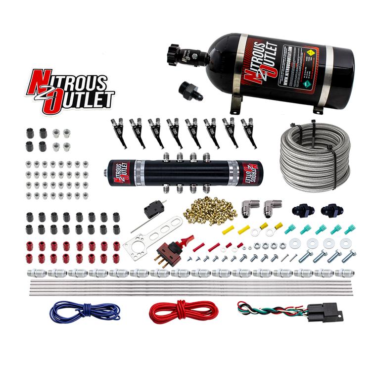 Nitrous Outlet 8 Cylinder 'Black Widow' Direct Port System - .122 Nitrous Solenoid/.310 Fuel Solenoid/Solenoid Distribution Block/90 Degree Discharge Nozzles - E85 (5-7-10 psi)(100-400 HP)(10lb Bottle)