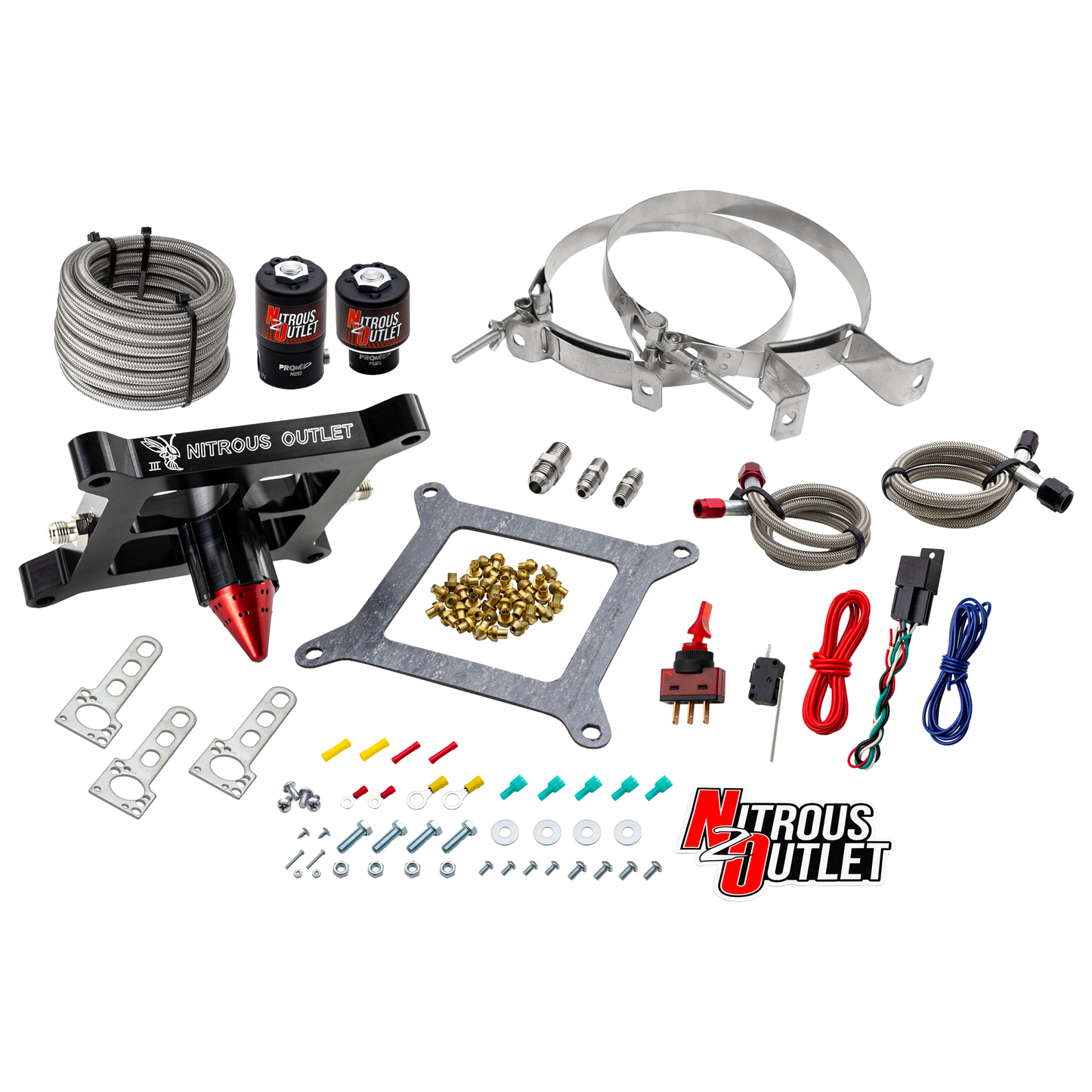 Nitrous Outlet 4150 Stinger 3 System - Braided Hoses/.122 Nitrous Solenoid/.177 Fuel Solenoid/Universal Solenoid Brackets - (Gas/E85)(5-55 psi)(50-500 HP)(No Bottle)