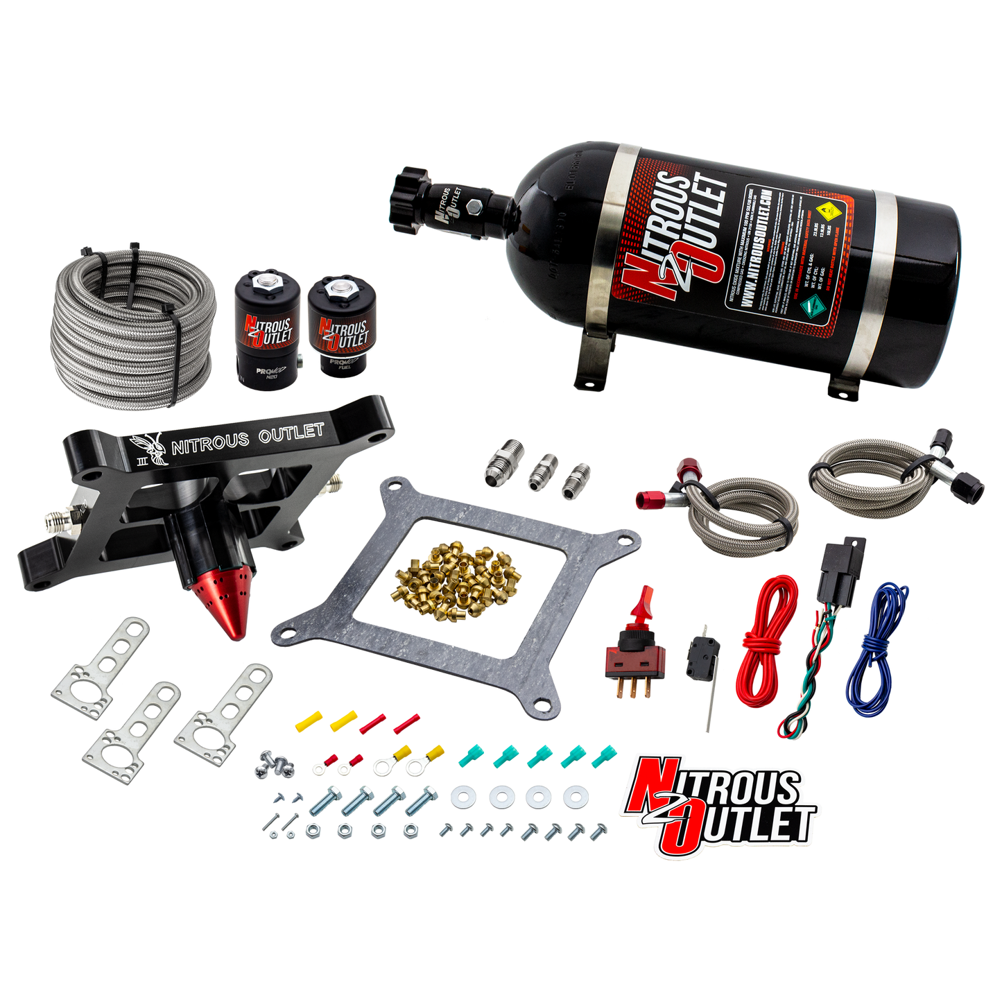 Nitrous Outlet 4150 Stinger 3 System - Braided Hoses/.122 Nitrous Solenoid/.177 Fuel Solenoid/Universal Solenoid Brackets - (Gas/E85)(5-55 psi)(50-500 HP)(10lb Bottle)