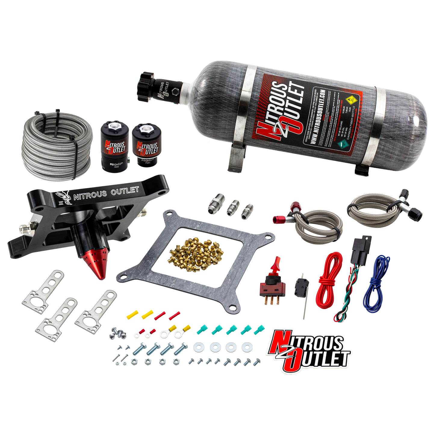 Nitrous Outlet 4150 Stinger 3 System - Braided Hoses/.122 Nitrous Solenoid/.177 Fuel Solenoid/Universal Solenoid Brackets - (Gas/E85)(5-55 psi)(50-500 HP)(12lb Bottle)