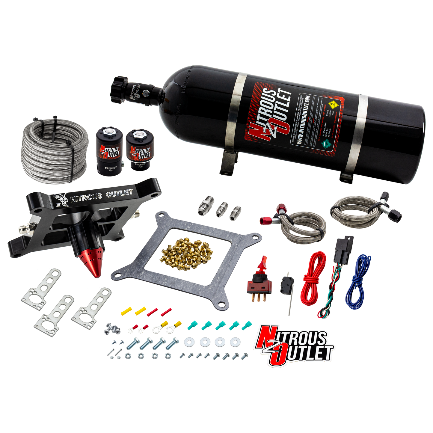Nitrous Outlet 4150 Stinger 3 System - Braided Hoses/.122 Nitrous Solenoid/.177 Fuel Solenoid/Universal Solenoid Brackets - (Gas/E85)(5-55 psi)(50-500 HP)(15lb Bottle)