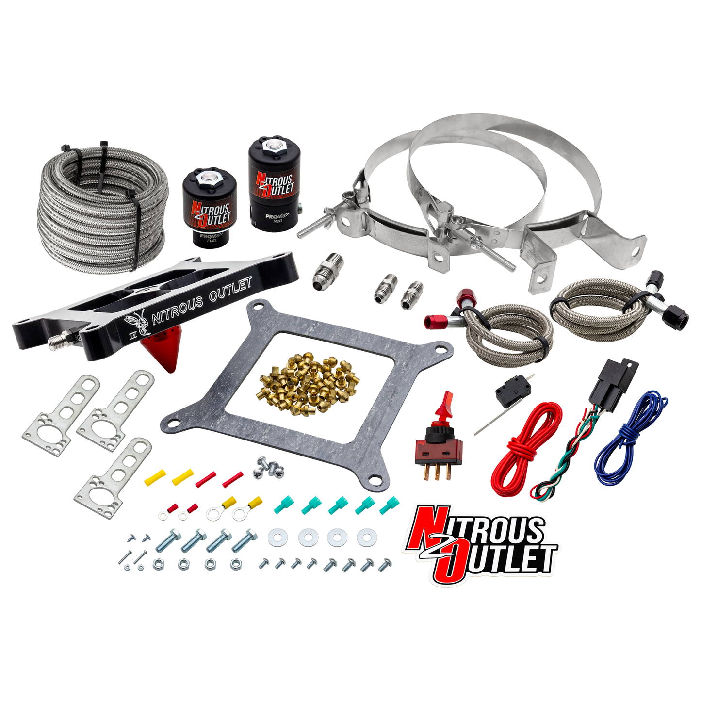 Nitrous Outlet 4150 Stinger 4 System - Braided Hoses/.122 Nitrous Solenoid/.177 Fuel Solenoid/Universal Solenoid Brackets - (Gas/E85)(5-55 psi)(50-500 HP)(No Bottle)