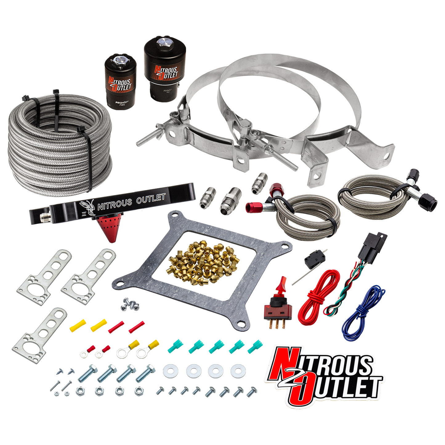 Nitrous Outlet 4150 Stinger 2 Race System - Braided Hoses/.178 Trashcan Nitrous Solenoid/.310 Fuel Solenoid/Universal Solenoid Brackets - (Gas/E85)(5-55 psi)(50-600 HP)(No Bottle)