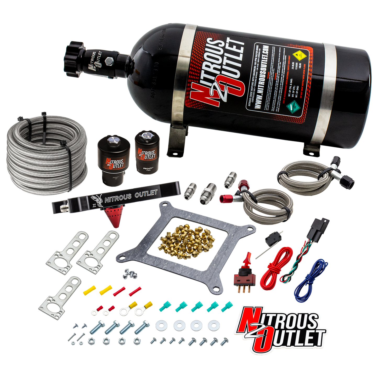 Nitrous Outlet 4150 Stinger 2 Race System - Braided Hoses/.178 Trashcan Nitrous Solenoid/.310 Fuel Solenoid/Universal Solenoid Brackets - (Gas/E85)(5-55 psi)(50-600 HP)(10lb Bottle)