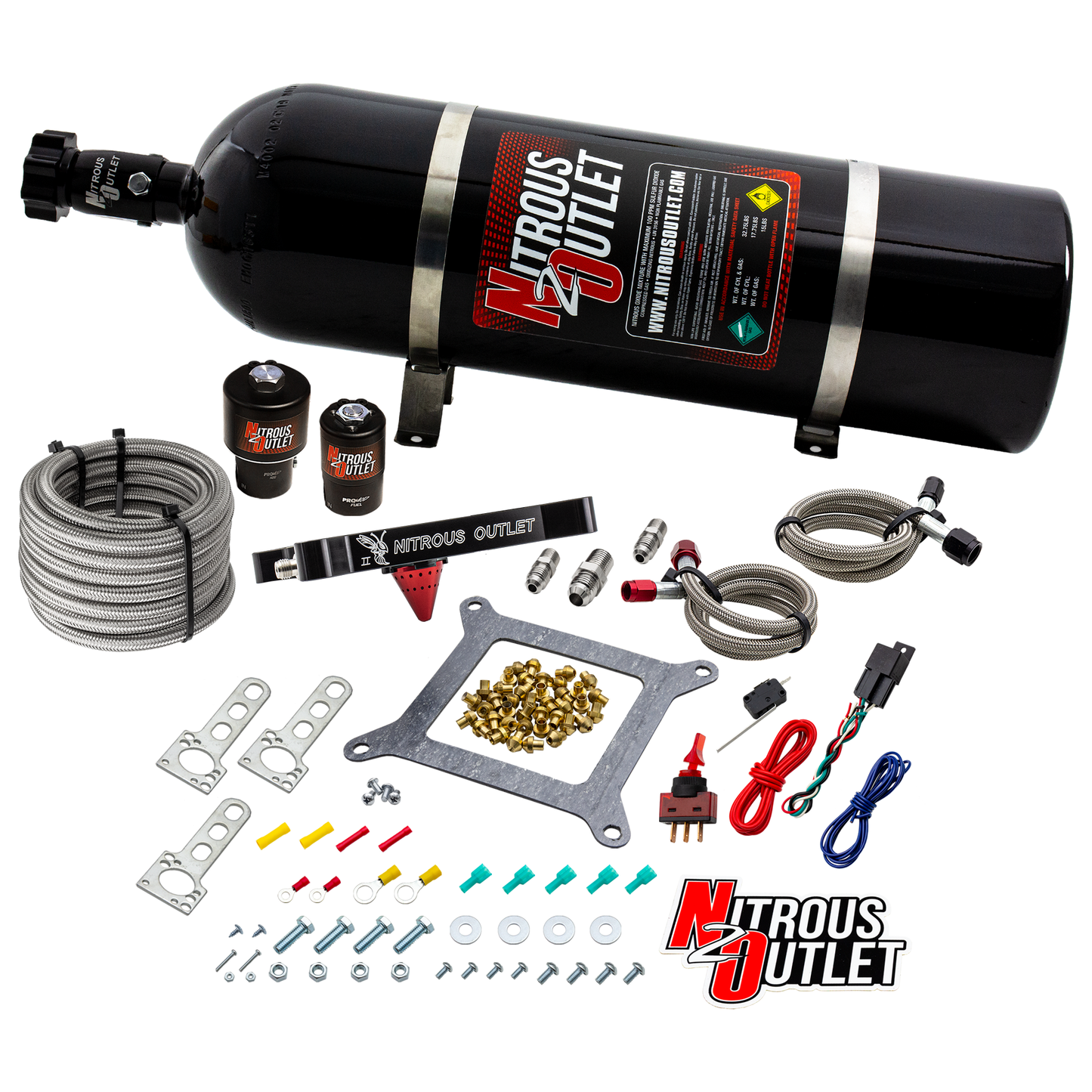 Nitrous Outlet 4150 Stinger 2 Race System - Braided Hoses/.178 Trashcan Nitrous Solenoid/.310 Fuel Solenoid/Universal Solenoid Brackets - (Gas/E85)(5-55 psi)(50-600 HP)(15lb Bottle)