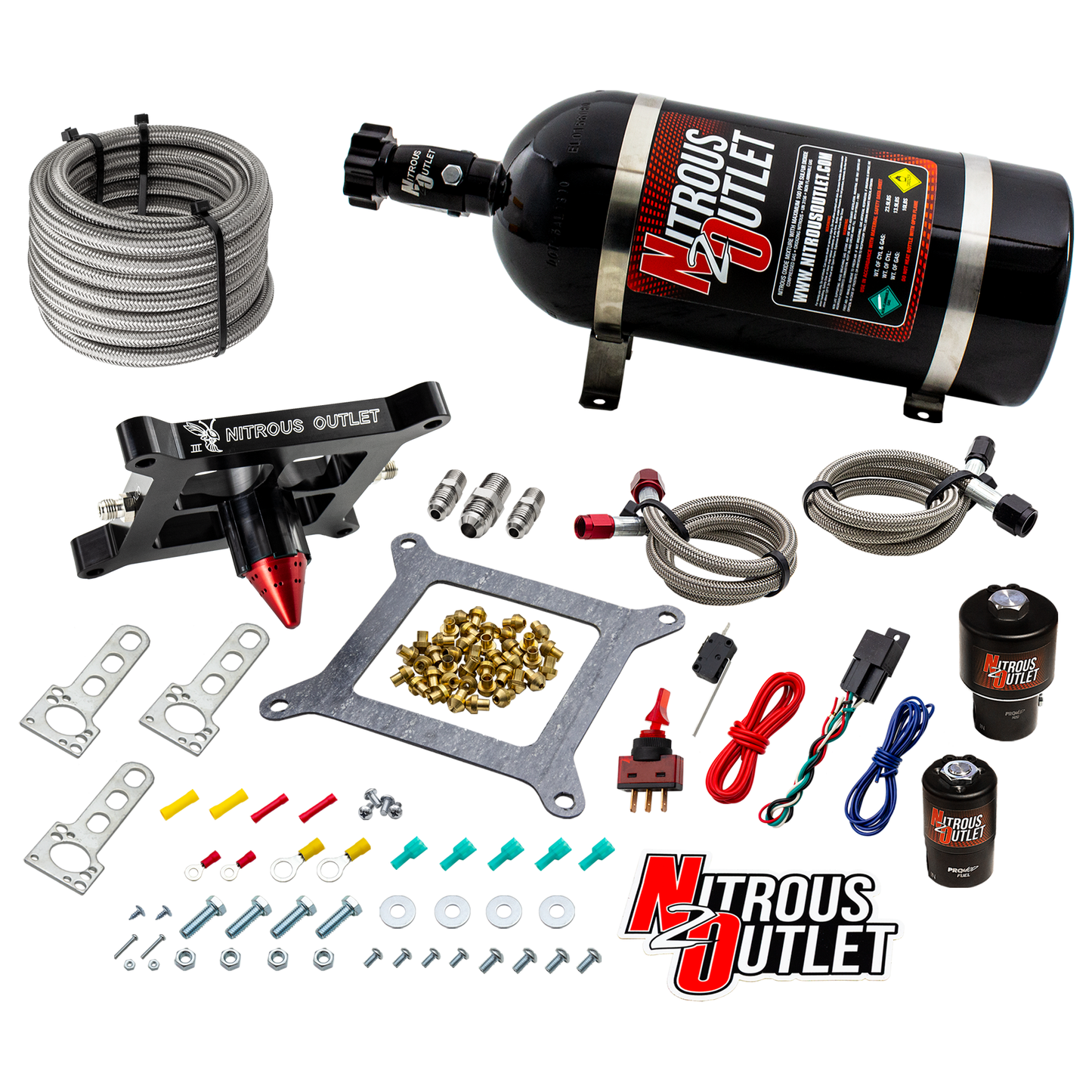 Nitrous Outlet 4150 Stinger 3 Race System - Braided Hoses/.178 Trashcan Nitrous Solenoid/.310 Fuel Solenoid/Universal Solenoid Brackets - (Gas/E85)(5-55 psi)(50-600 HP)(10lb Bottle)