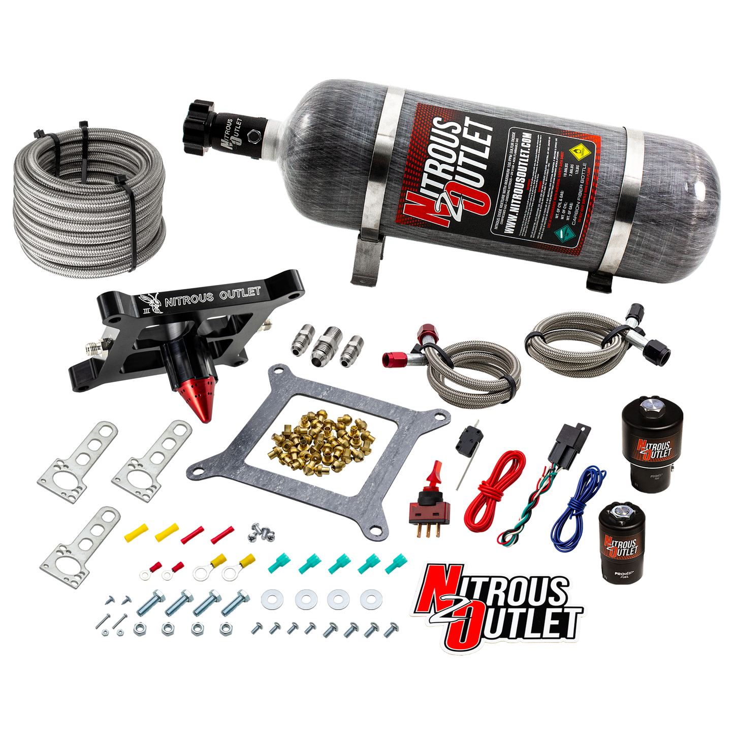Nitrous Outlet 4150 Stinger 3 Race System - Braided Hoses/.178 Trashcan Nitrous Solenoid/.310 Fuel Solenoid/Universal Solenoid Brackets - (Gas/E85)(5-55 psi)(50-600 HP)(12lb Bottle)