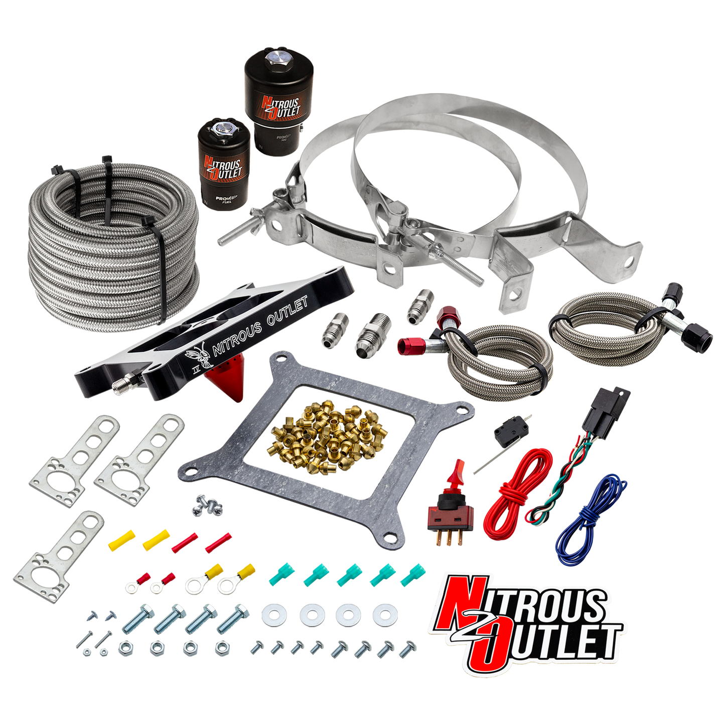 Nitrous Outlet 4150 Stinger 4 Race System - Braided Hoses/.178 Trashcan Nitrous Solenoid/.310 Fuel Solenoid/Universal Solenoid Brackets - (Gas/E85)(5-55 psi)(50-600 HP)(No Bottle)