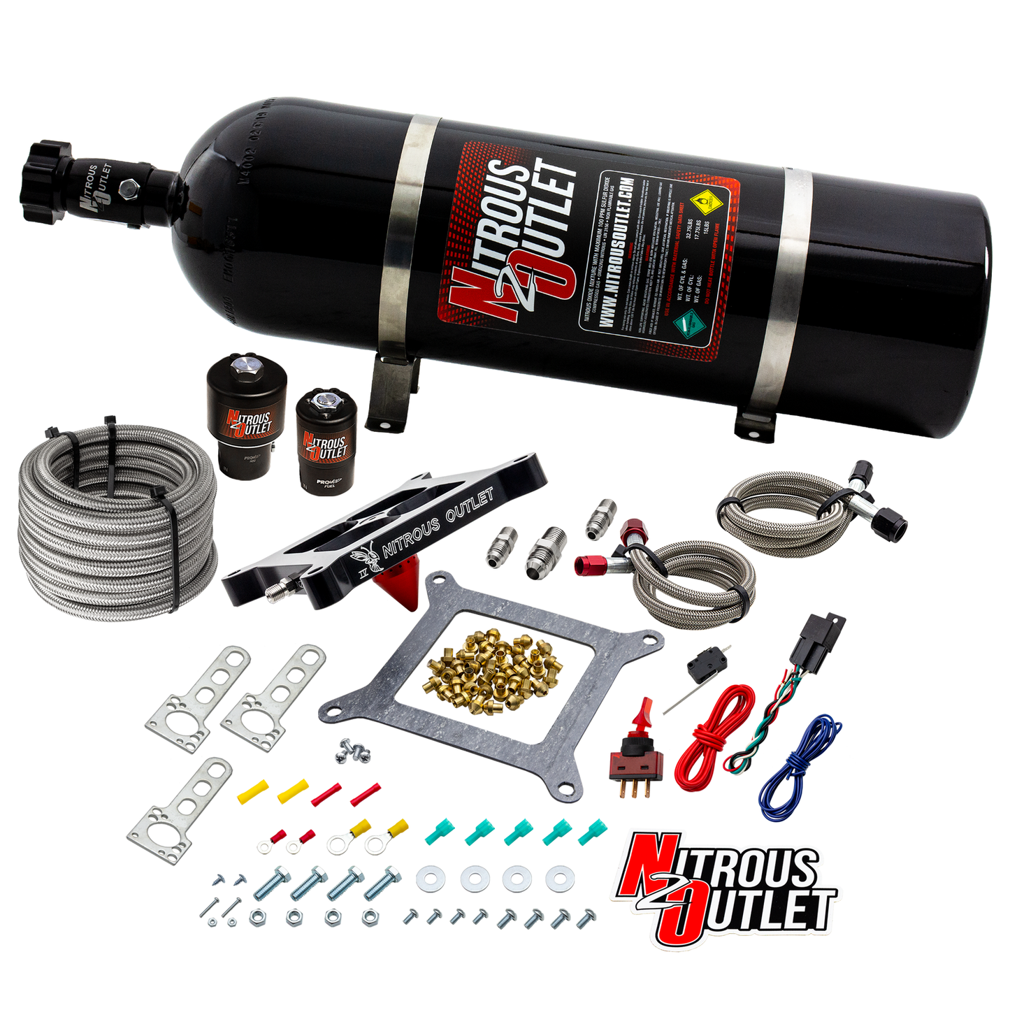 Nitrous Outlet 4150 Stinger 4 Race System - Braided Hoses/.178 Trashcan Nitrous Solenoid/.310 Fuel Solenoid/Universal Solenoid Brackets - (Gas/E85)(5-55 psi)(50-600 HP)(15lb Bottle)