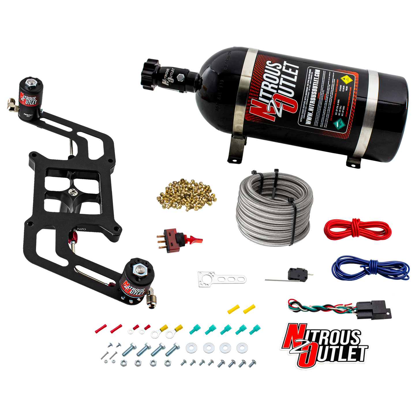 Nitrous Outlet 4150 Stinger 3 System - Hard-line/.122 Nitrous Solenoid/.177 Fuel Solenoid/Boomerang Solenoid Bracket - (Gas/E85)(5-55 psi)(50-500 HP)(10lb Bottle)