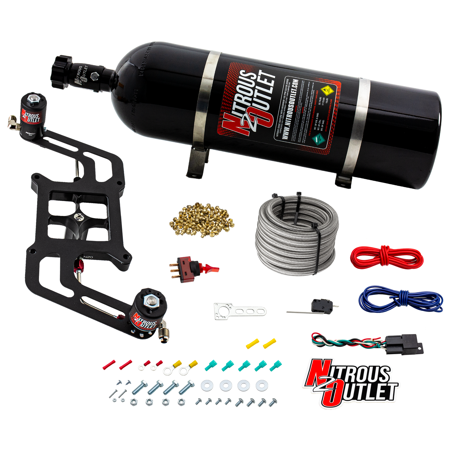 Nitrous Outlet 4150 Stinger 3 System - Hard-line/.122 Nitrous Solenoid/.177 Fuel Solenoid/Boomerang Solenoid Bracket - (Gas/E85)(5-55 psi)(50-500 HP)(15lb Bottle)