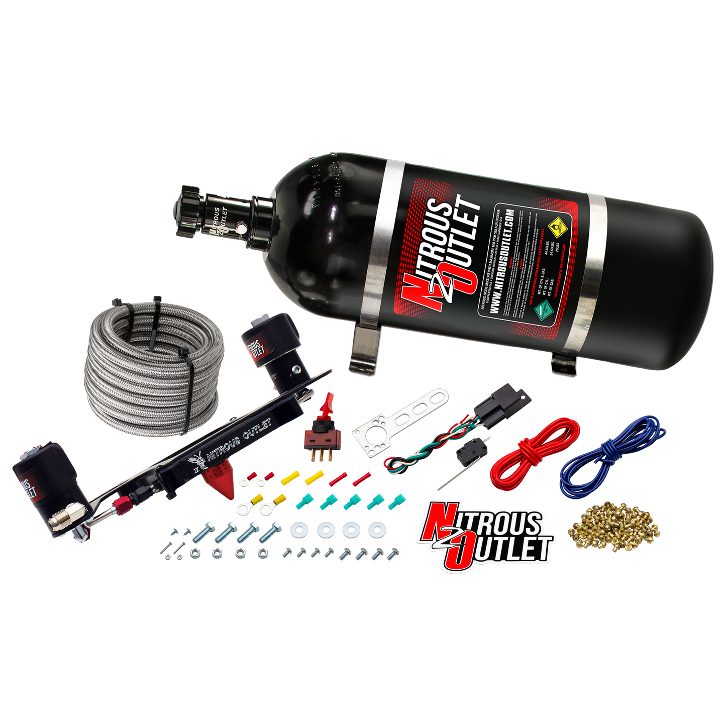 Nitrous Outlet 4150 Stinger 4 Race System - Hard-line/.178 Trashcan Nitrous Solenoid/.310 Fuel Solenoid/Boomerang Solenoid Bracket - (Gas/E85)(5-55 psi)(50-600 HP)(15lb Bottle)