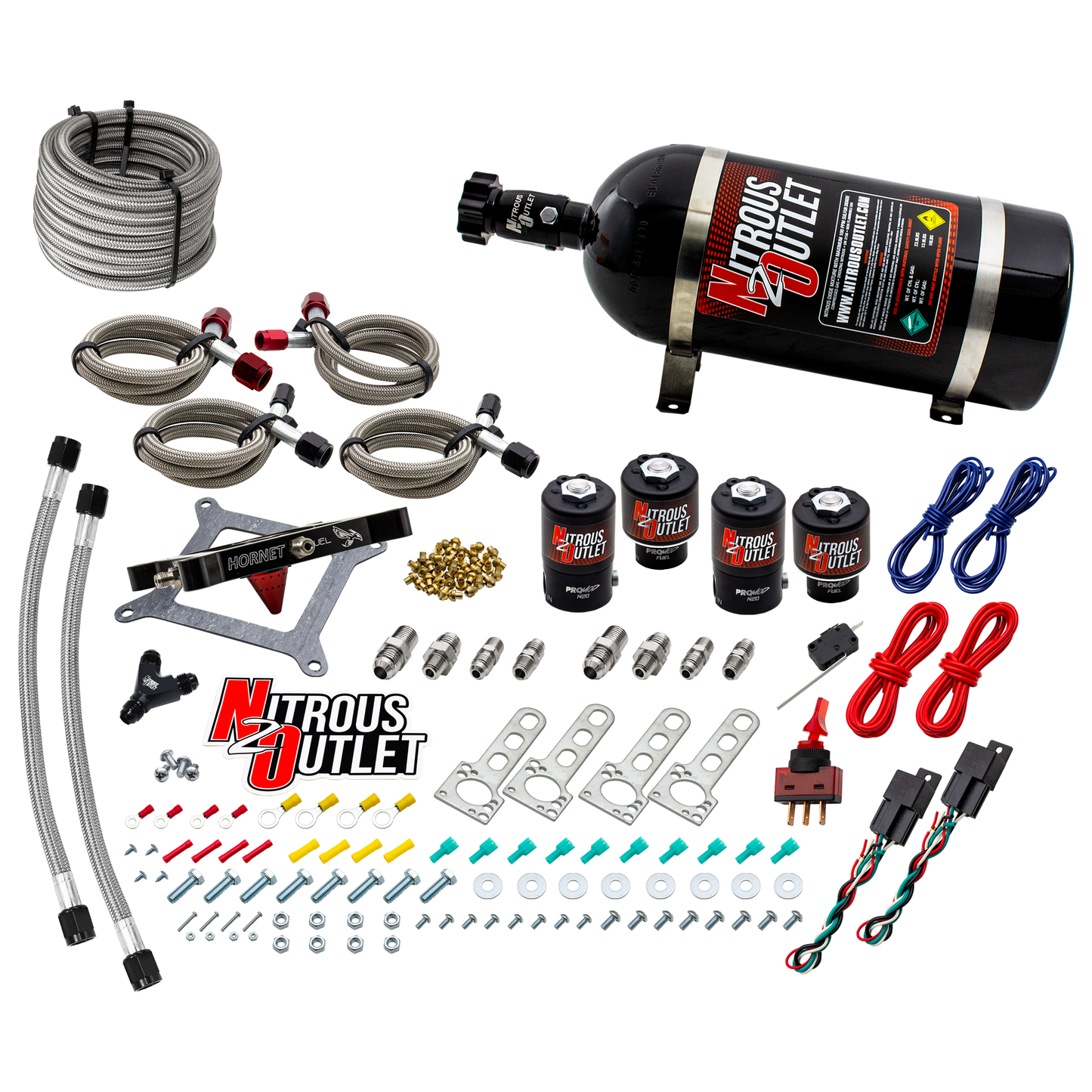 Nitrous Outlet 4150 Hornet 2 Dual Stage System - Two .122 Nitrous Solenoids/Two .177 Fuel Solenoids/Universal Solenoid Brackets - (Gas/E85)(5-55 psi)(50-500 HP Per Stage)(10lb Bottle)