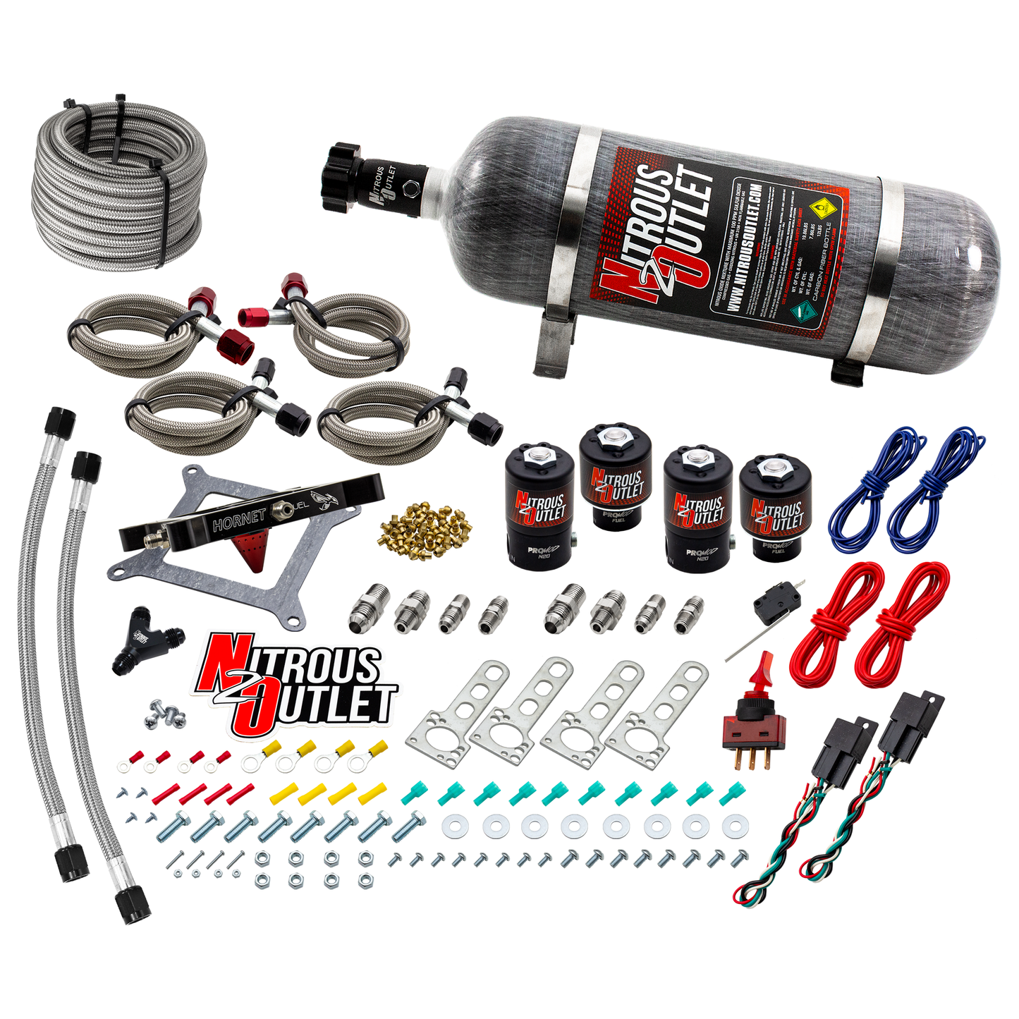 Nitrous Outlet 4150 Hornet 2 Dual Stage System - Two .122 Nitrous Solenoids/Two .177 Fuel Solenoids/Universal Solenoid Brackets - (Gas/E85)(5-55 psi)(50-500 HP Per Stage)(12lb Bottle)