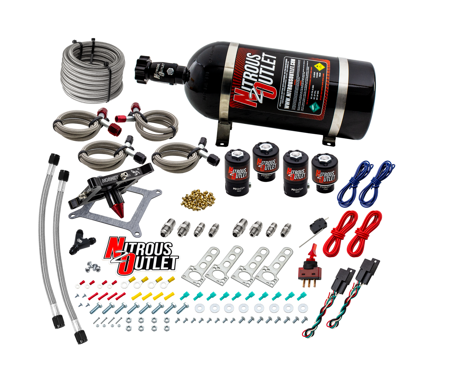 Nitrous Outlet 4150 Hornet 3 Dual Stage System - Two .122 Nitrous Solenoids/Two .177 Fuel Solenoids/Universal Solenoid Brackets - (Gas/E85)(5-55 psi)(50-500 HP Per Stage)(10lb Bottle)
