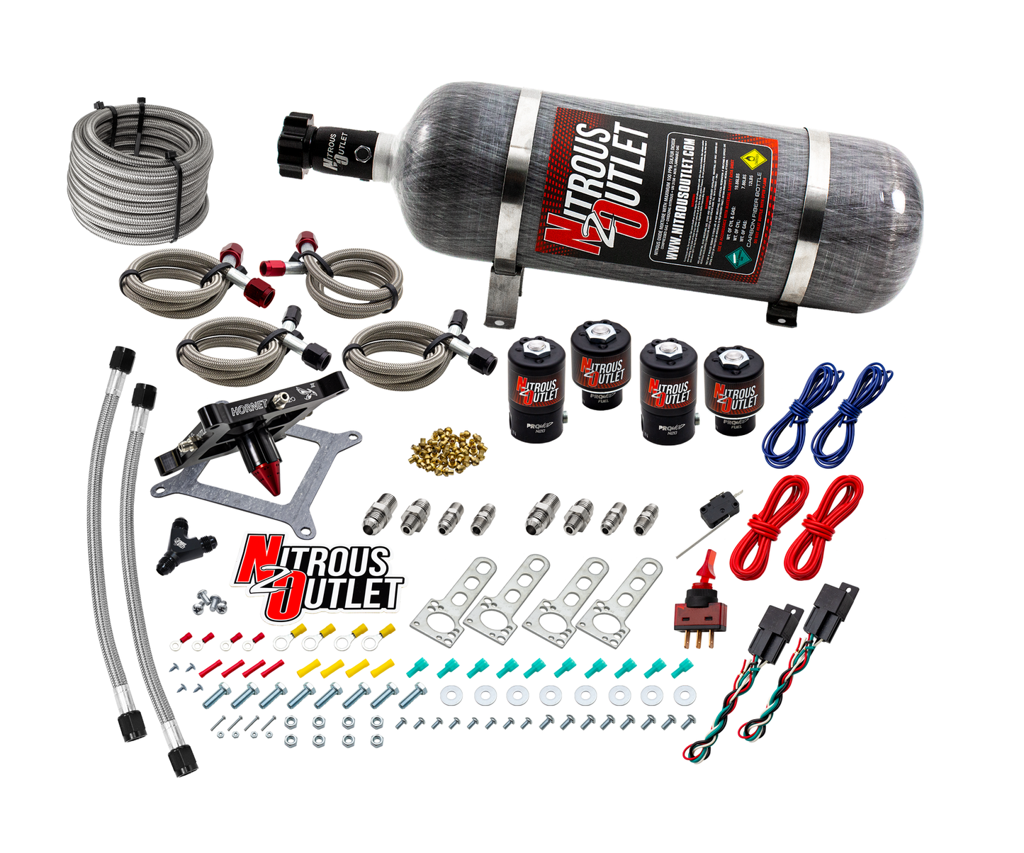 Nitrous Outlet 4150 Hornet 3 Dual Stage System - Two .122 Nitrous Solenoids/Two .177 Fuel Solenoids/Universal Solenoid Brackets - (Gas/E85)(5-55 psi)(50-500 HP Per Stage)(12lb Bottle)