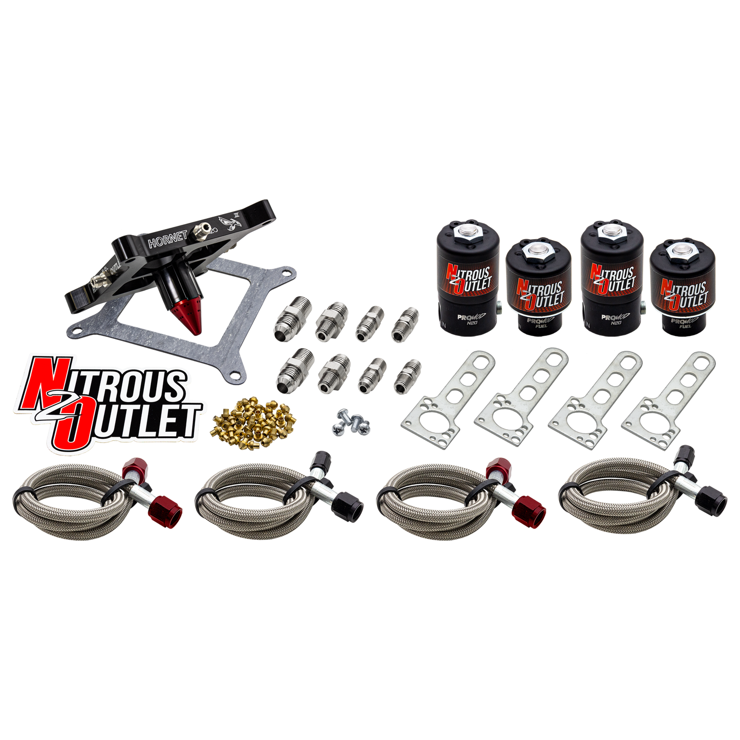 Nitrous Outlet 4150 Hornet 3 Dual Stage Solenoid Forward Conversion Kit - Two .122 Nitrous Solenoids/Two .177 Fuel Solenoids/Universal Solenoid Brackets - (Gas/E85)(5-55 psi)(50-500 HP Per Stage)