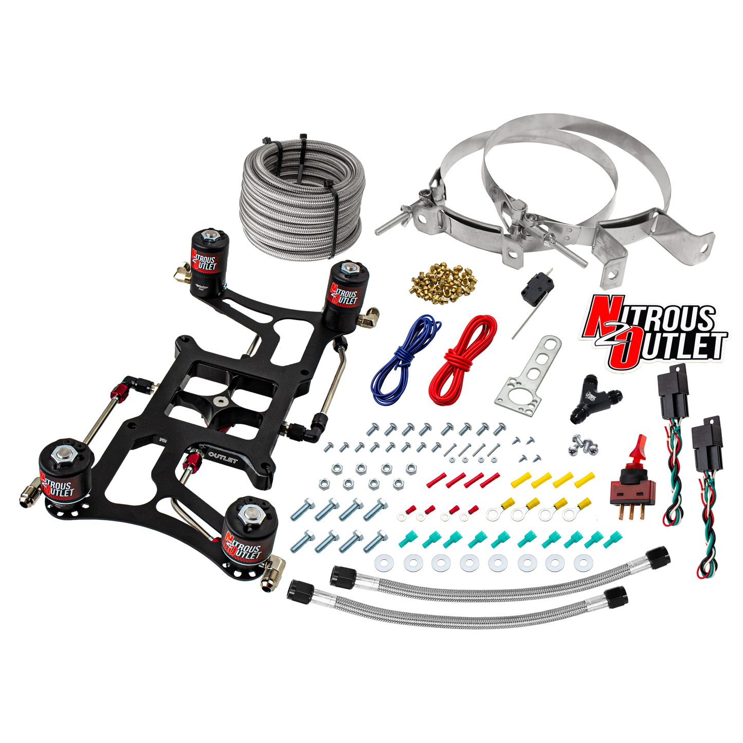 Nitrous Outlet 4150 Hornet 2 Dual Stage System - Hard-line/Two .122 Nitrous Solenoids/Two .177 Fuel Solenoids/Four Solenoid Boomerang Bracket - (Gas/E85)(5-55 psi)(50-500 HP Per Stage)(No Bottle)
