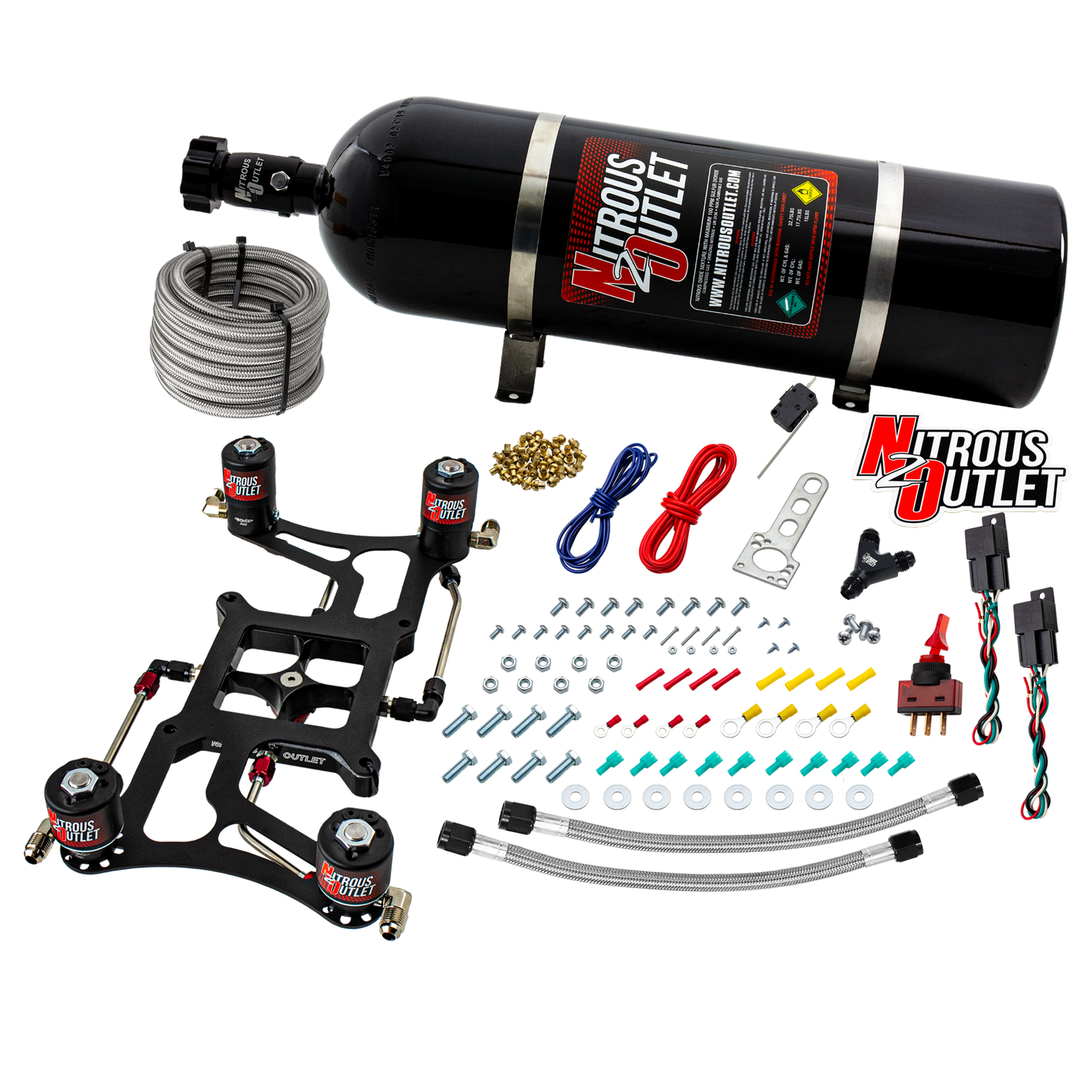 Nitrous Outlet 4150 Hornet 2 Dual Stage System - Hard-line/Two .122 Nitrous Solenoids/Two .177 Fuel Solenoids/Four Solenoid Boomerang Bracket - (Gas/E85)(5-55 psi)(50-500 HP Per Stage)(15lb Bottle)