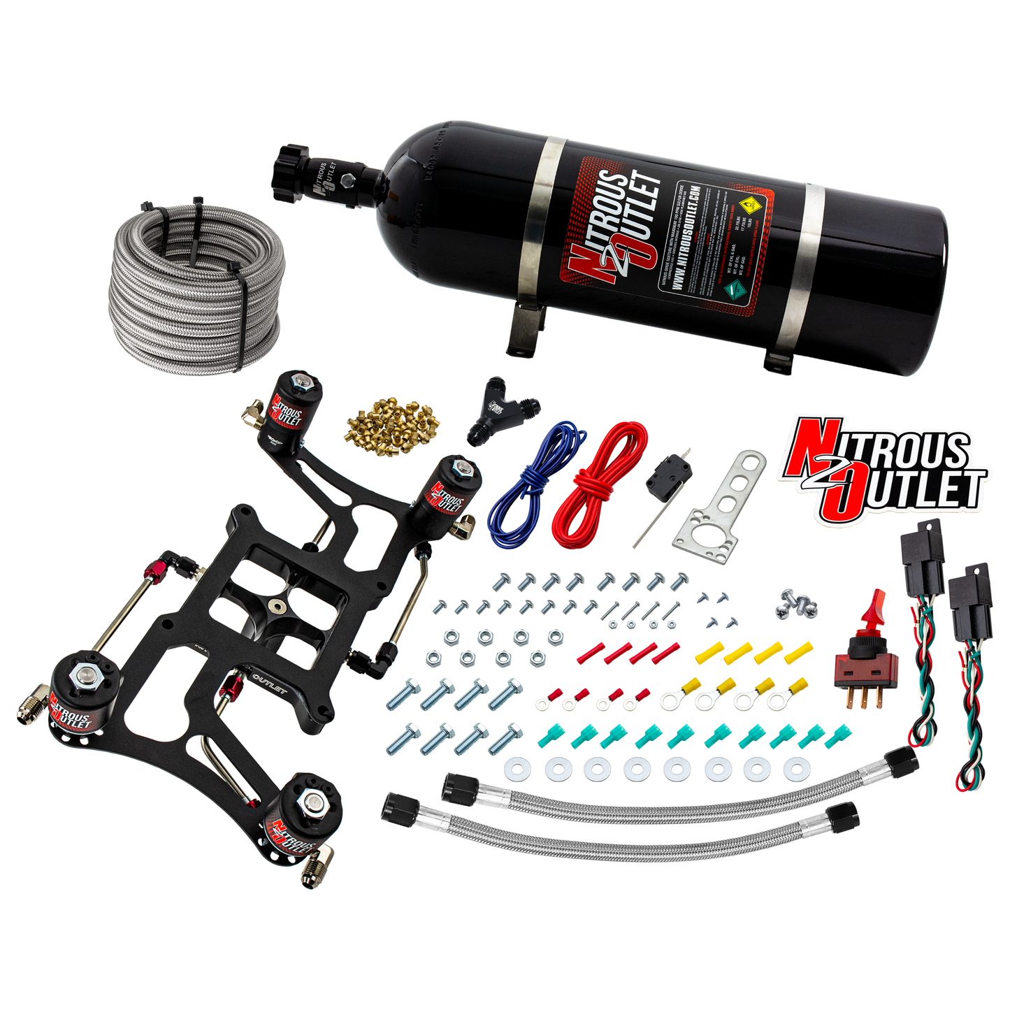 Nitrous Outlet 4150 Hornet 3 Dual Stage System - Hard-line/Two .122 Nitrous Solenoids/Two .177 Fuel Solenoids/Four Solenoid Boomerang Bracket - (Gas/E85)(5-55 psi)(50-500 HP Per Stage)(15lb Bottle)
