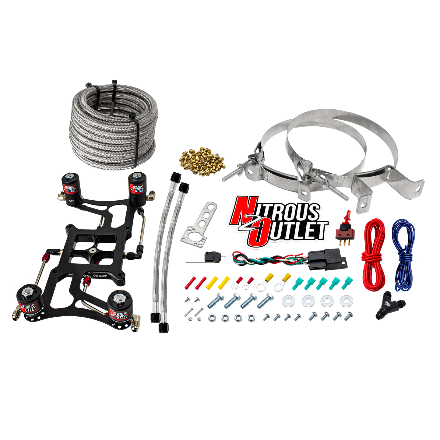Nitrous Outlet 4150 Hornet 2 Race Dual Stage System - Hard-line/Two .178 Trashcan Nitrous Solenoids/Two .310 Fuel Solenoids/Four Solenoid Boomerang Bracket - (Gas/E85)(5-55 psi)(50-600 HP Per Stage)(No Bottle)