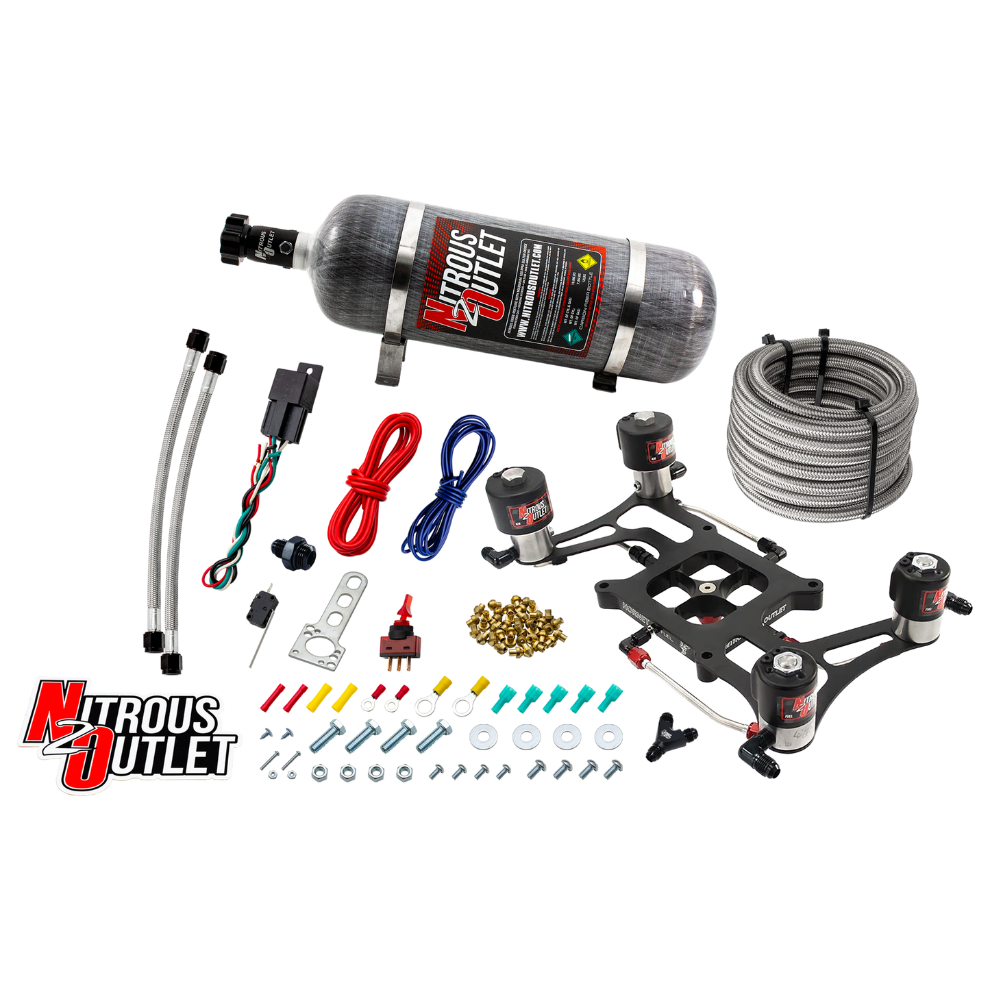 Nitrous Outlet 4150 Hornet 3 Race Dual Stage System - Hard-line/Two .178 Trashcan Nitrous Solenoids/Two .310 Fuel Solenoids/Four Solenoid Boomerang Bracket - (Gas/E85)(5-55 psi)(50-600 HP Per Stage)(12lb Bottle)
