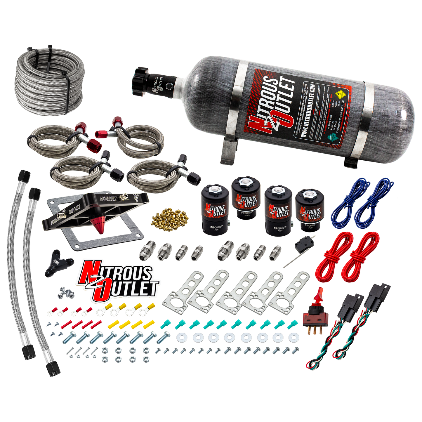 Nitrous Outlet 4500 Hornet 2 Dual Stage System - Two .122 Nitrous Solenoids/Two .177 Fuel Solenoids/Universal Solenoid Brackets - (Gas/E85)(5-55 psi)(50-500 HP Per Stage)(12lb Bottle)