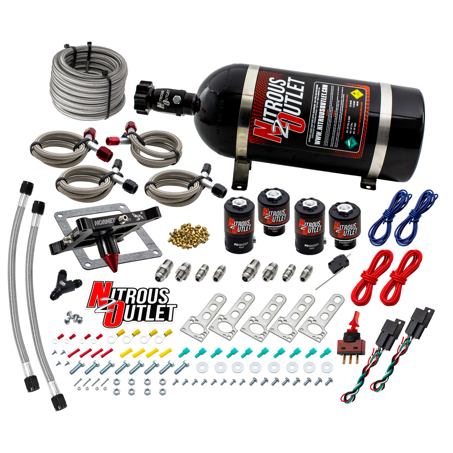 Nitrous Outlet 4500 Hornet 3 Dual Stage System - Two .122 Nitrous Solenoids/Two .177 Fuel Solenoids/Universal Solenoid Brackets - (Gas/E85)(5-55 psi)(50-500 HP Per Stage)(10lb Bottle)