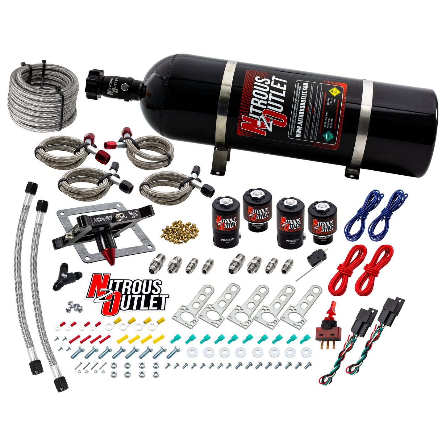 Nitrous Outlet 4500 Hornet 3 Dual Stage System - Two .122 Nitrous Solenoids/Two .177 Fuel Solenoids/Universal Solenoid Brackets - (Gas/E85)(5-55 psi)(50-500 HP Per Stage)(15lb Bottle)