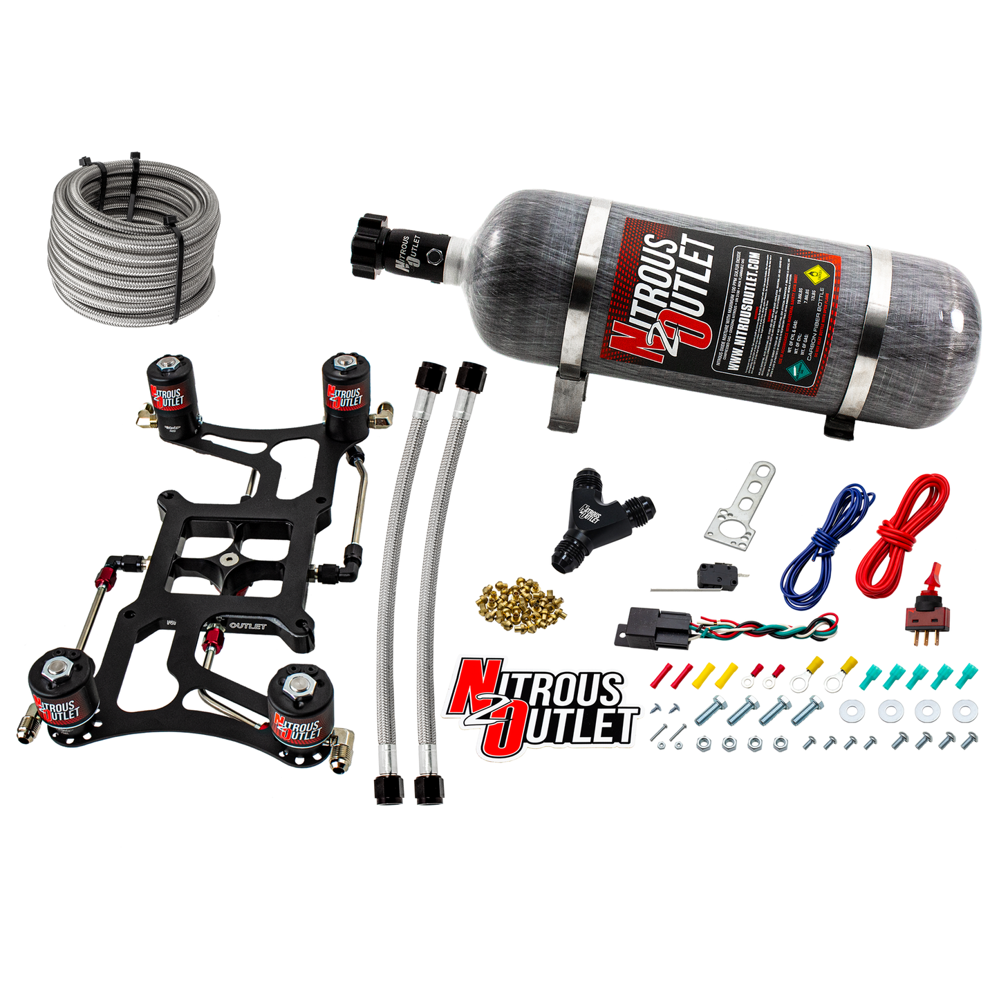 Nitrous Outlet 4500 Hornet 2 Dual Stage System - Hard-line/Two .122 Nitrous Solenoids/Two .177 Fuel Solenoids/Four Solenoid Boomerang Bracket - (Gas/E85)(5-55 psi)(50-500 HP Per Stage)(12lb Bottle)