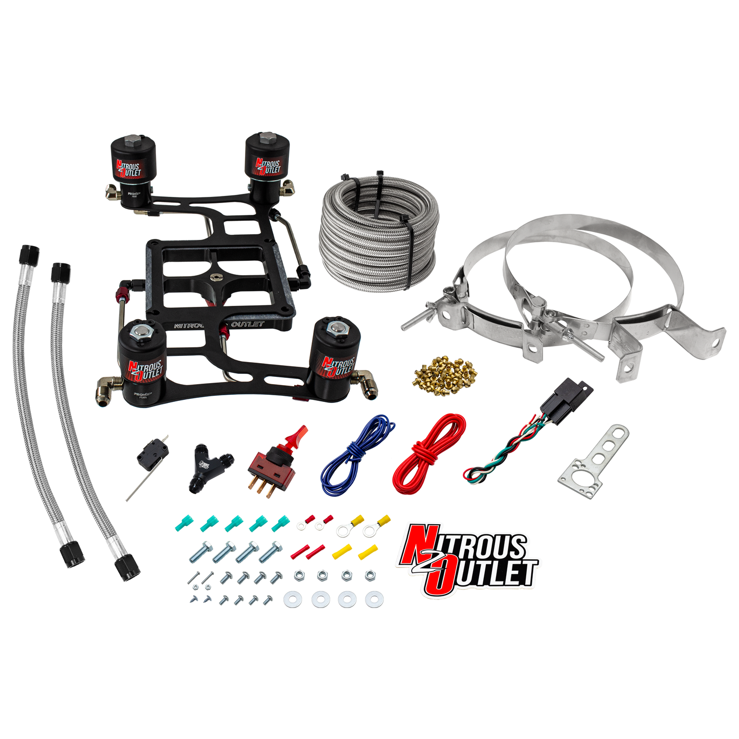 Nitrous Outlet 4500 Hornet 2 Race Dual Stage System - Hard-line/Two .178 Trashcan Nitrous Solenoids/Two .310 Fuel Solenoids/Four Solenoid Boomerang Bracket - (Gas/E85)(5-55 psi)(50-600 HP Per Stage)(No Bottle)