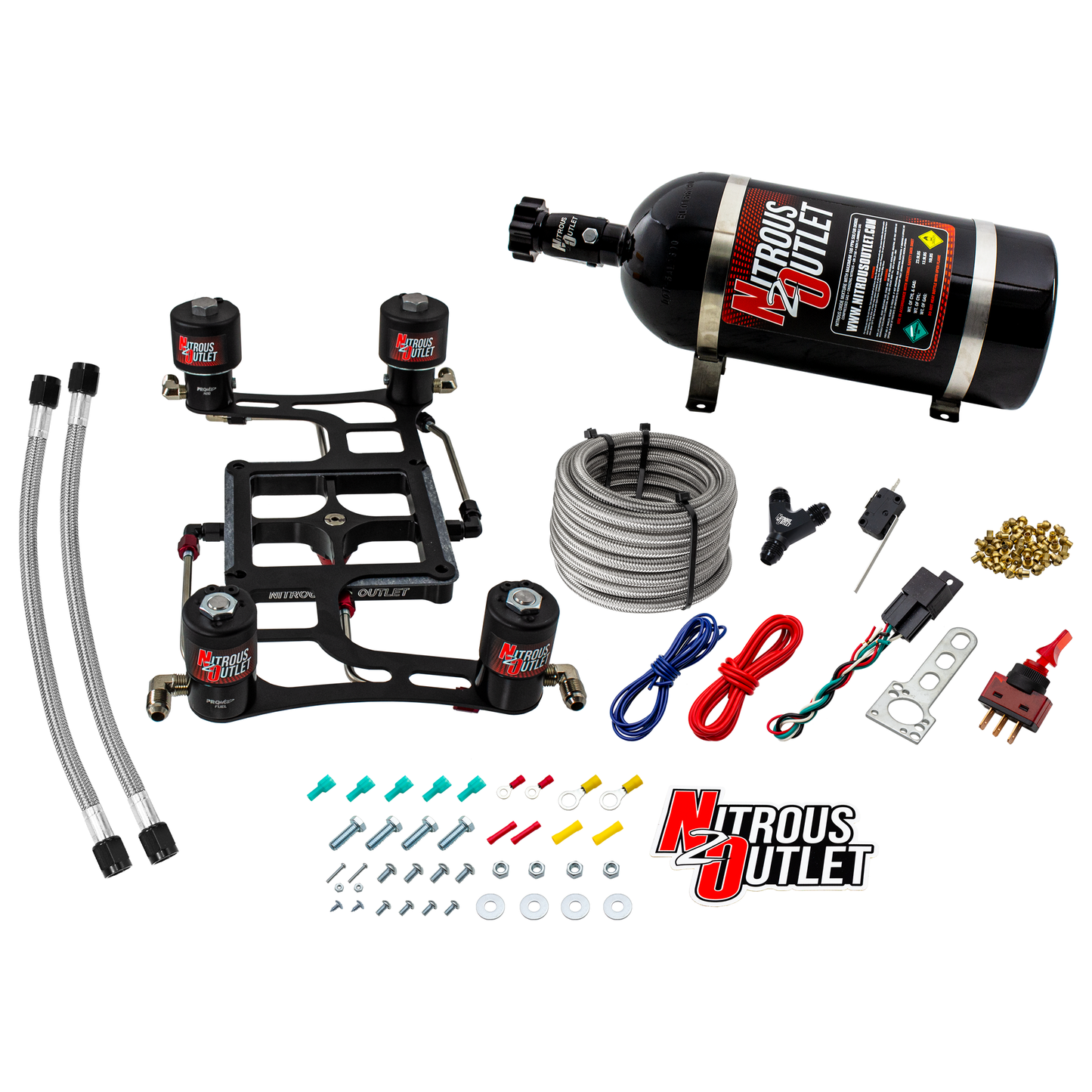 Nitrous Outlet 4500 Hornet 2 Race Dual Stage System - Hard-line/Two .178 Trashcan Nitrous Solenoids/Two .310 Fuel Solenoids/Four Solenoid Boomerang Bracket - (Gas/E85)(5-55 psi)(50-600 HP Per Stage)(10lb Bottle)