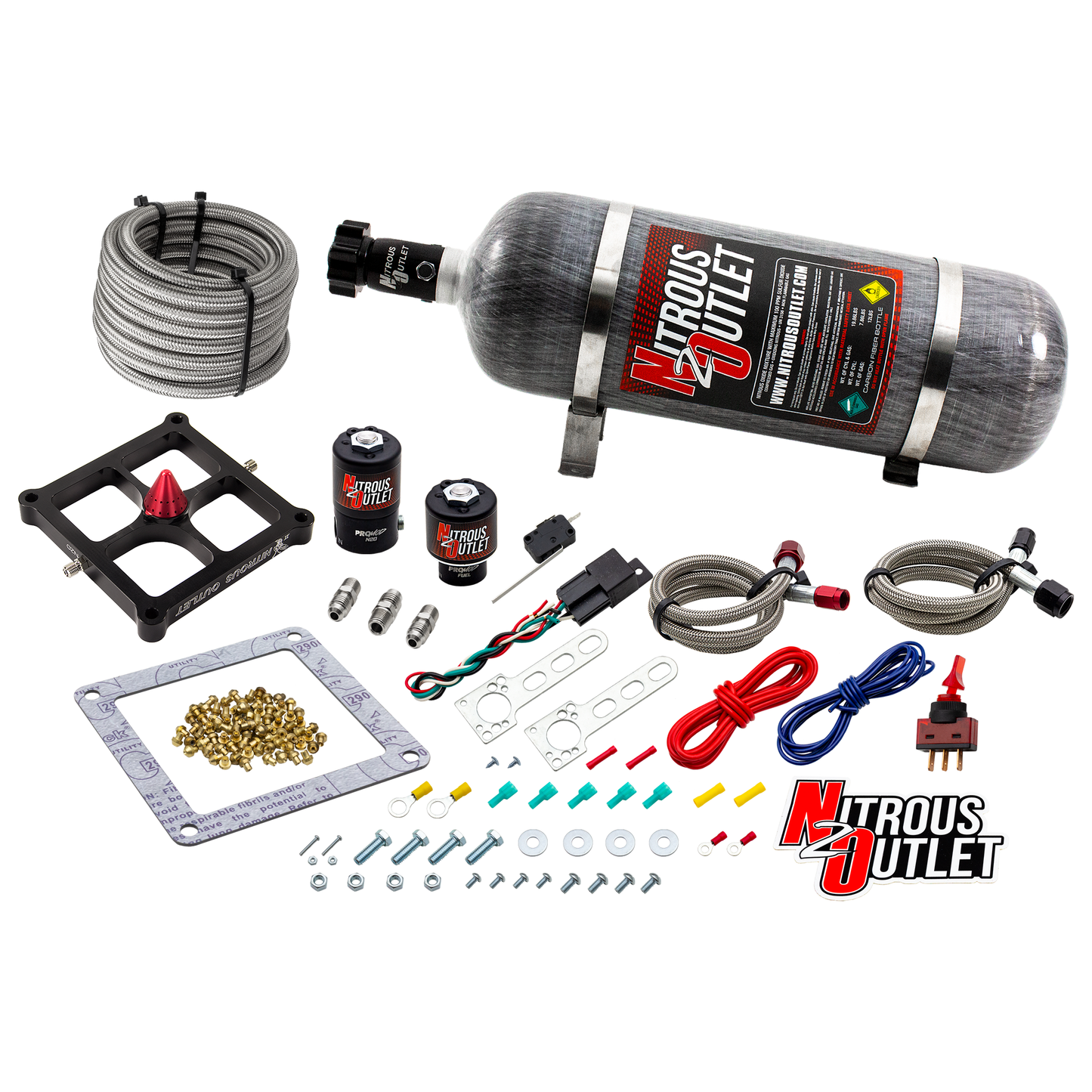 Nitrous Outlet 4500 Stinger 2 System - Braided Hoses/.122 Nitrous Solenoid/.177 Fuel Solenoid/Universal Solenoid Brackets - (Gas/E85)(5-55 psi)(50-500 HP)(12lb Bottle)