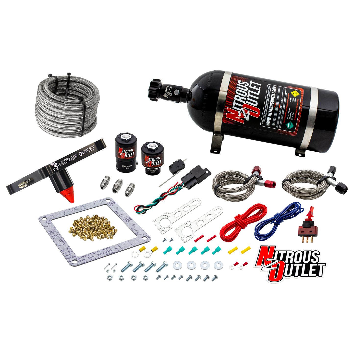 Nitrous Outlet 4500 Stinger 3 System - Braided Hoses/.122 Nitrous Solenoid/.177 Fuel Solenoid/Universal Solenoid Brackets - (Gas/E85)(5-55 psi)(50-500 HP)(10lb Bottle)