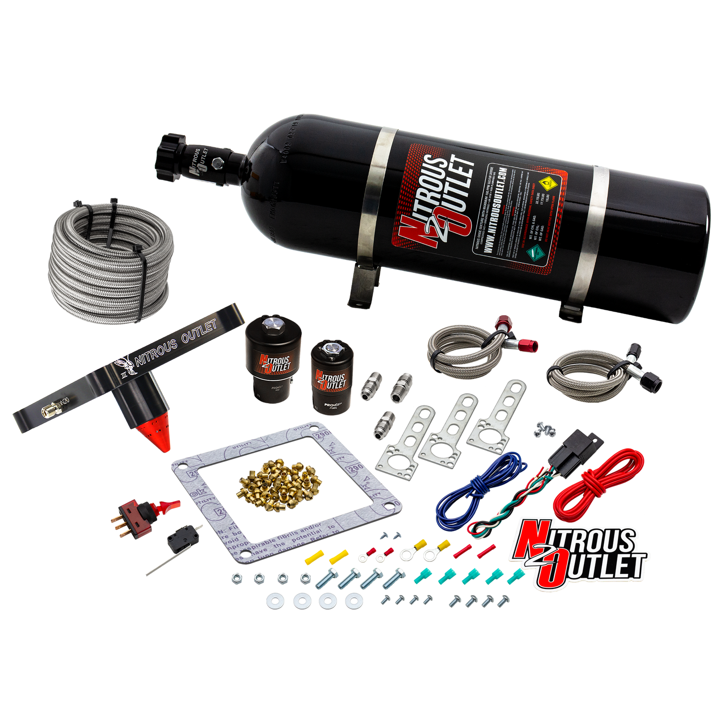 Nitrous Outlet 4500 Stinger 3 Race System - Braided Hoses/.178 Trashcan Nitrous Solenoid/.310 Fuel Solenoid/Universal Solenoid Brackets - (Gas/E85)(5-55 psi)(50-600 HP)(15lb Bottle)