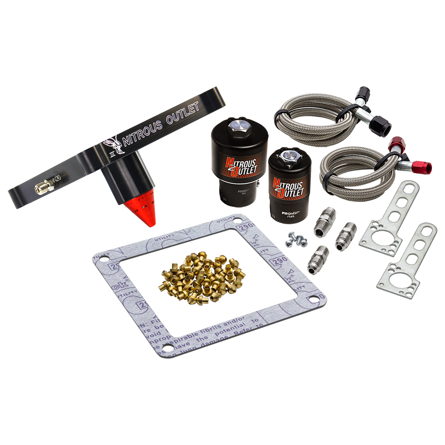 Nitrous Outlet 4500 Stinger 3 Race Solenoid Forward Conversion Kit - Braided Hoses/.178 Trashcan Nitrous Solenoid/.310 Fuel Solenoid/Universal Solenoid Brackets - (Gas/E85)(5-55 psi)(50-600 HP)